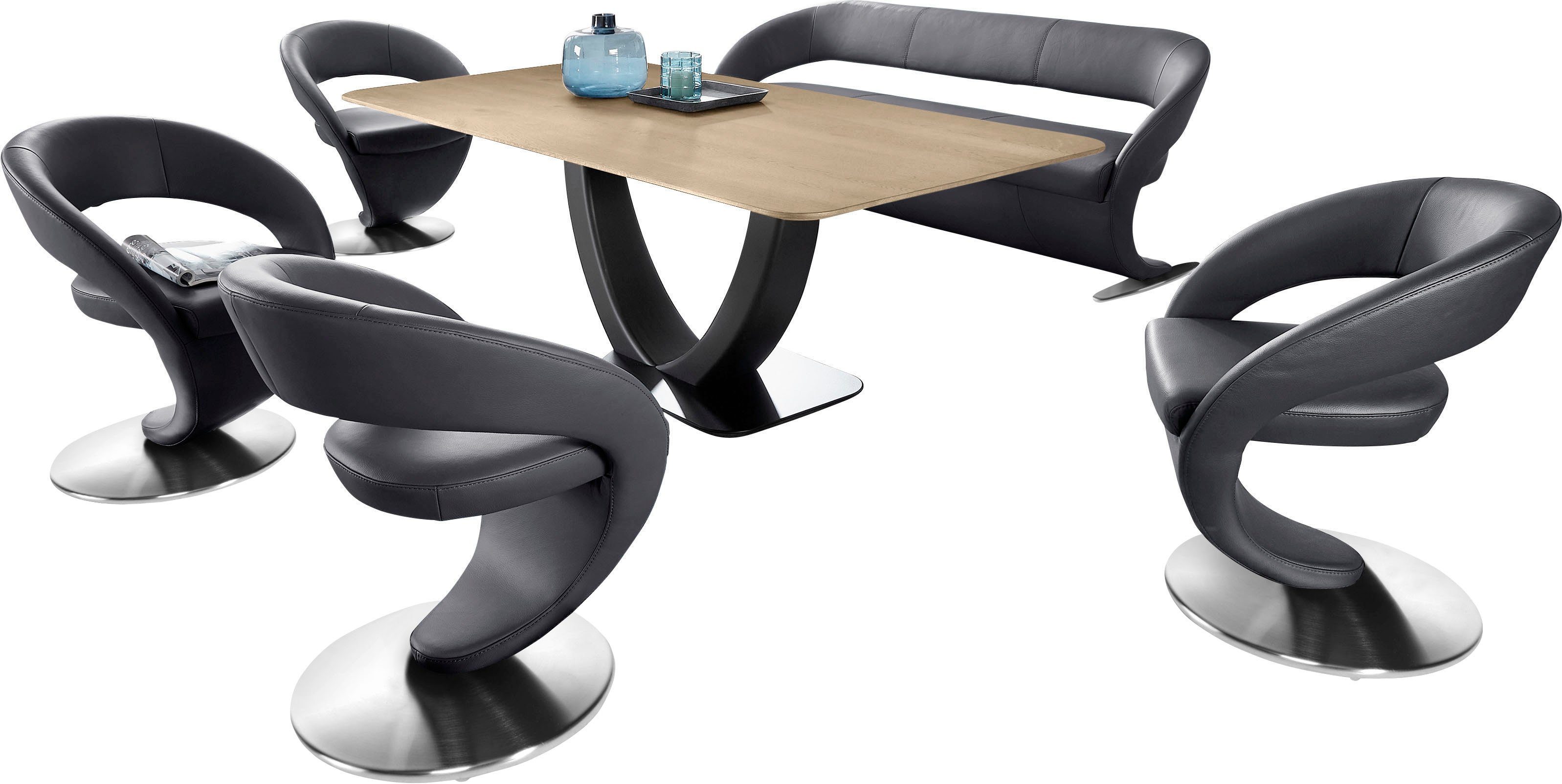 K+W Komfort & Wohnen Essgruppe (Set), in 180x90cm mit Wave, Design-Solobank Tisch und Design-Drehstühlen 4
