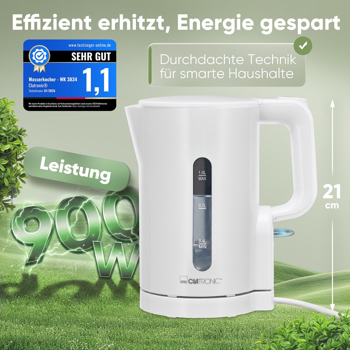 CLATRONIC Wasserkocher WK 3834, Wasserkocher 1L, 900W, Einhandbedienung