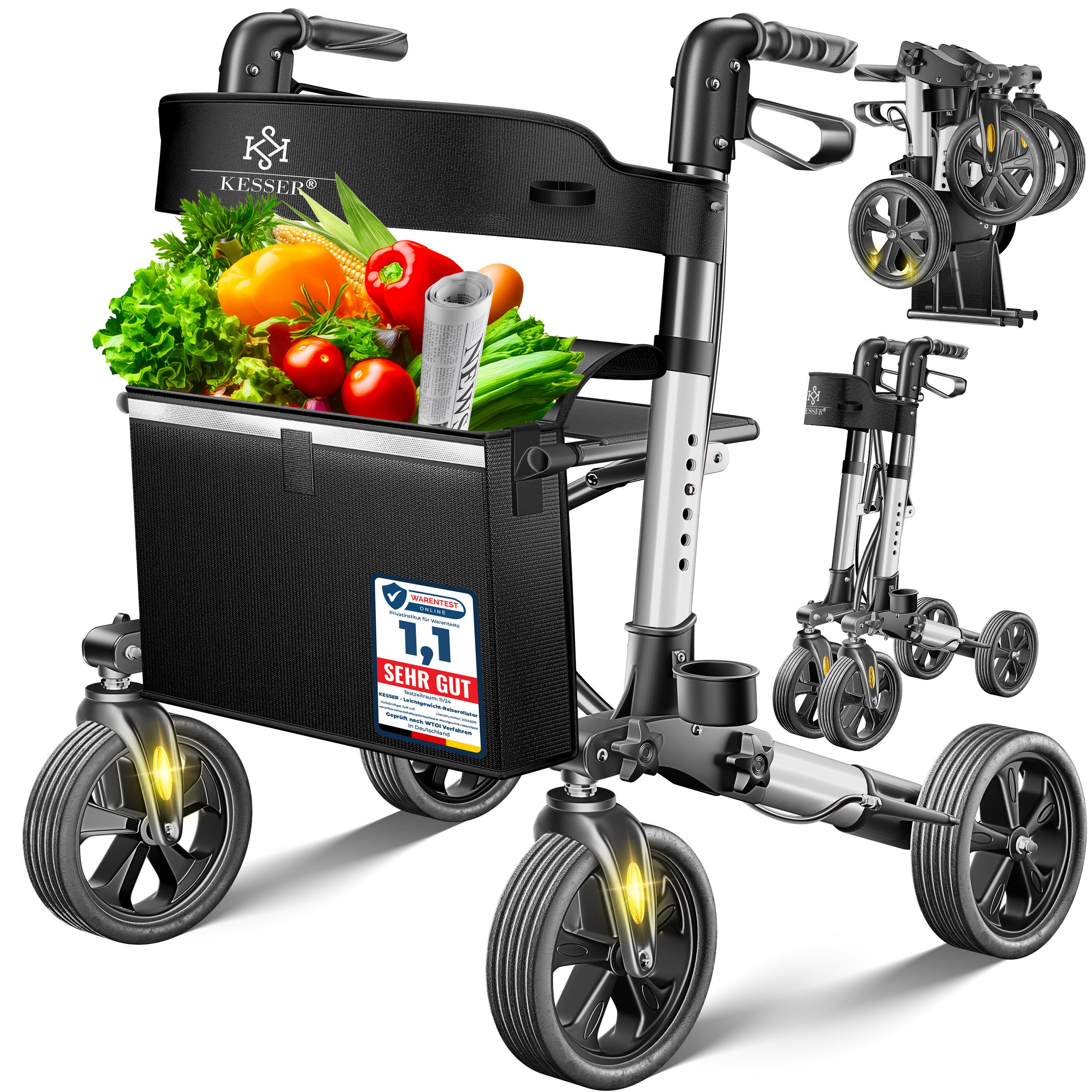KESSER Rollator, faltbar Laufhilfe Senioren Gehhilfe mit Sitz & Tasche höhenverstellbar