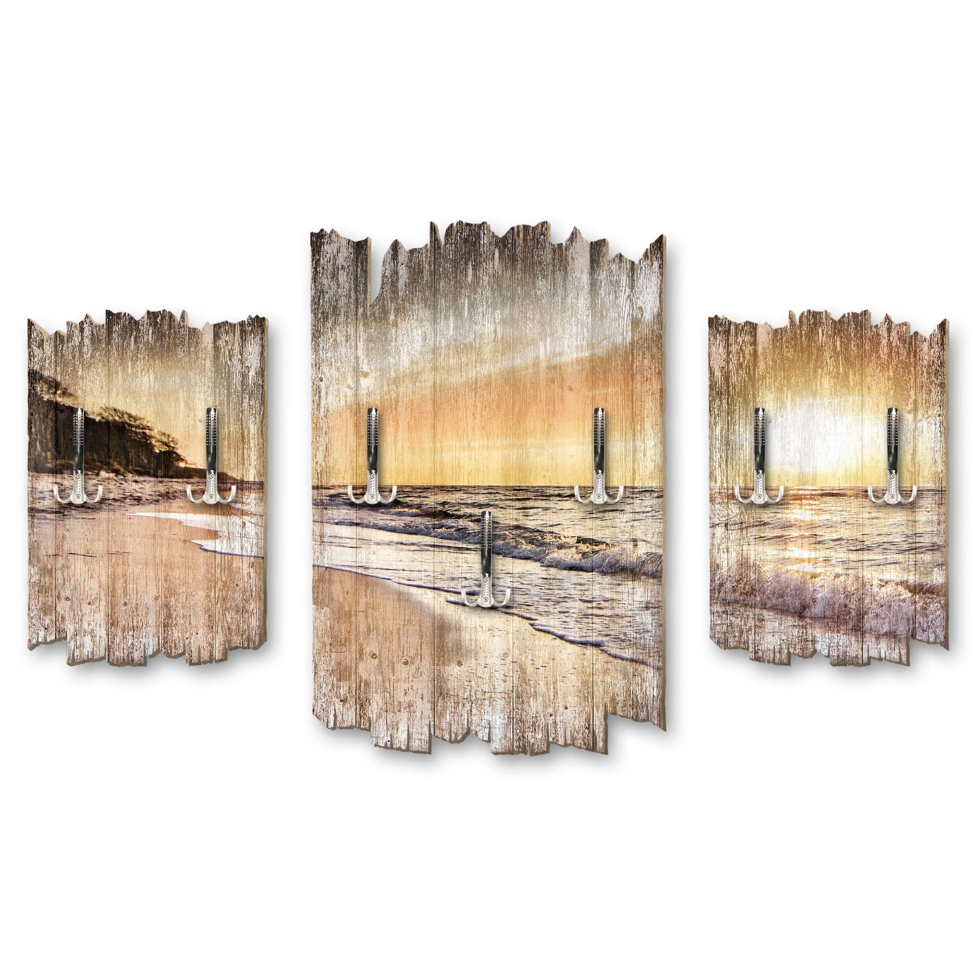 Kreative Feder Wandgarderobe Strandspaziergang, Dreiteilige Wandgarderobe aus Holz