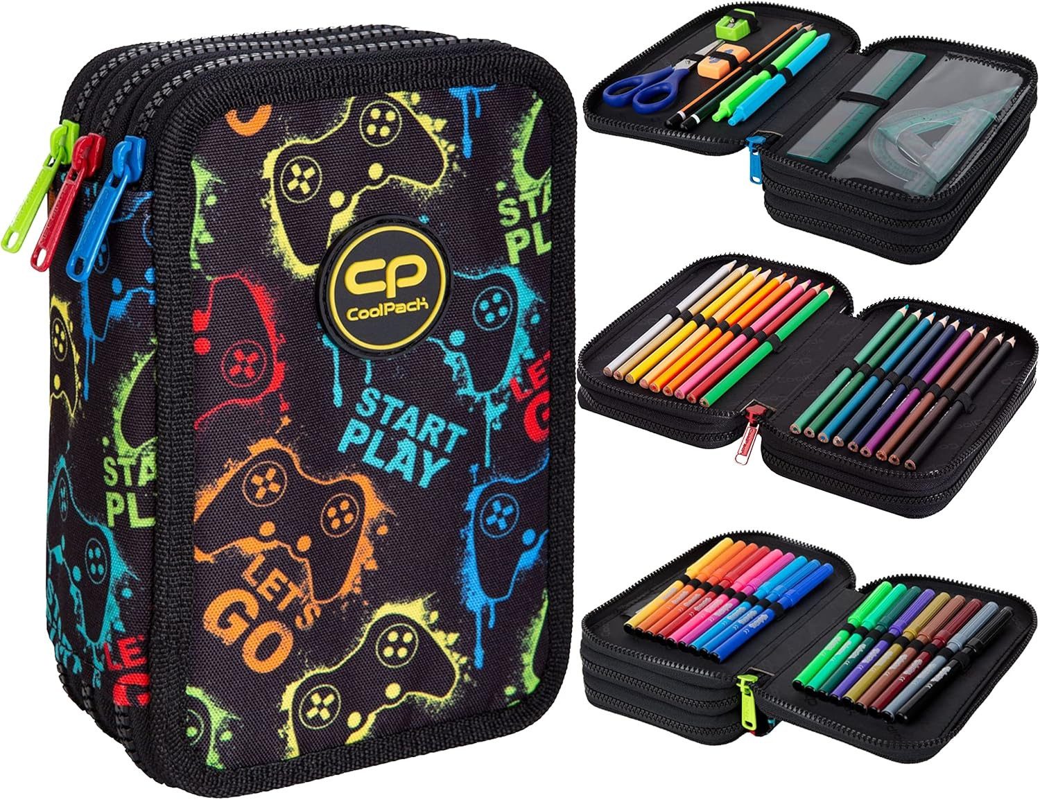 GOLDKIDS Federmäppchen Federtasche 3-fache Federmappe 46-teilig, (gefüllte Schüleretui Stifte und Pinsel, 1-tlg., inkl. Aufgabenheft Federbox Etui), Stiftetasche Schlamper-Etui Schul-Etui Xplay Pad Game