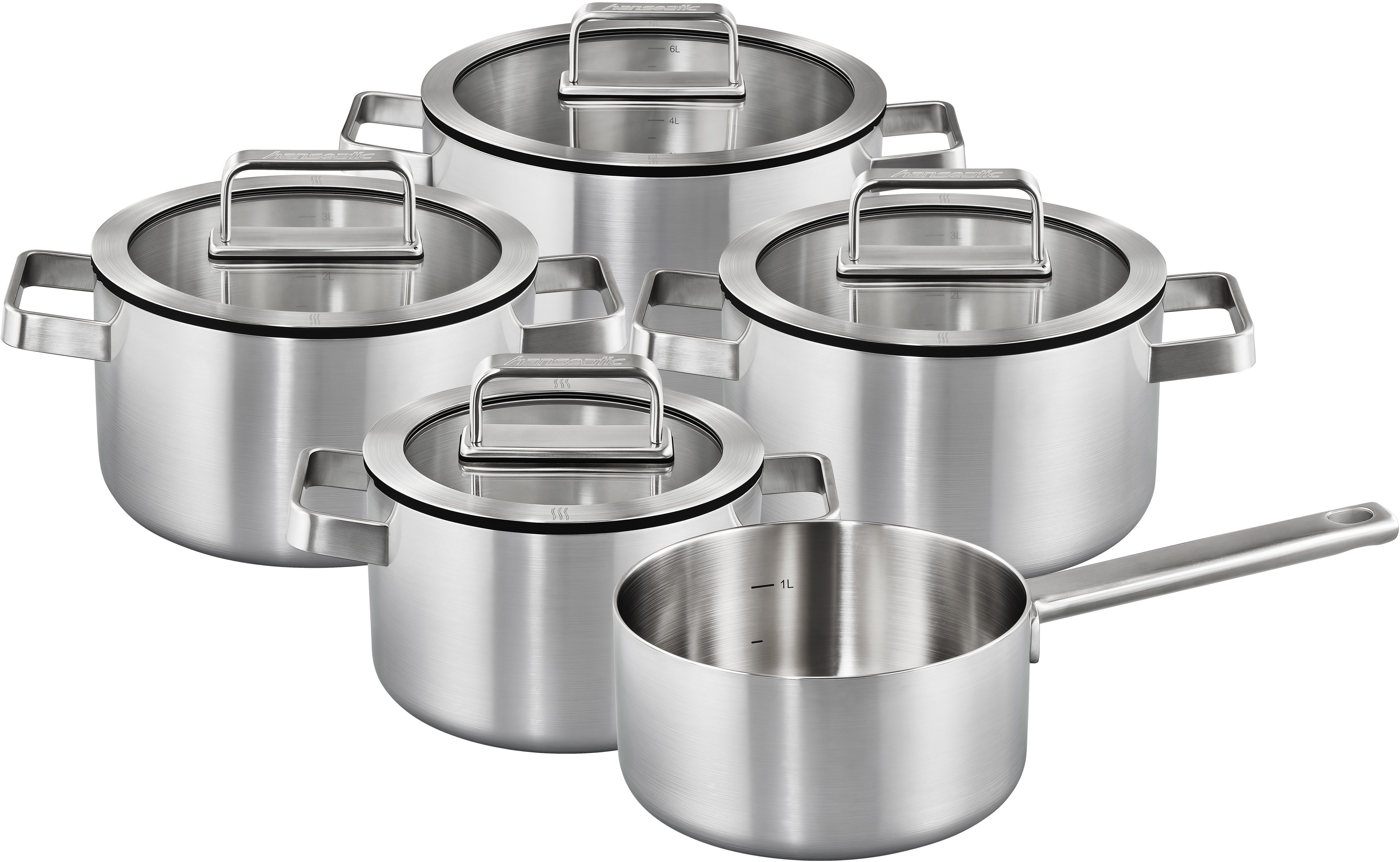 Hanseatic Topf-Set PREMIUM, Edelstahl (Set, 9-tlg., Kochtopf 1x 16 cm / 2x 20 cm / 1x 24 cm, Stielkasserolle 16 cm), handfreundliche Griffe, Literskala, Glasdeckel, Induktion