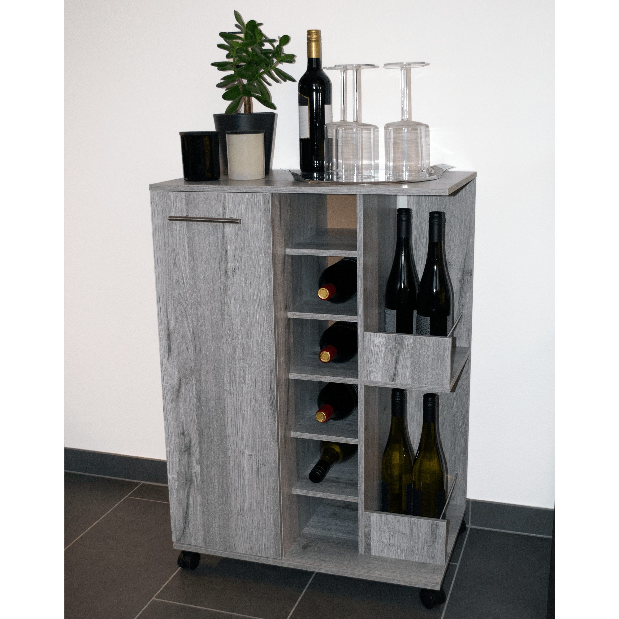 Better Home Küchenwagen Flaschenregal Weinschrank Weinregal grau 37x60x82 cm, (1 Stück, 1 Weinschrank), für ca. 48 Flaschen, flexibel einsetzbar