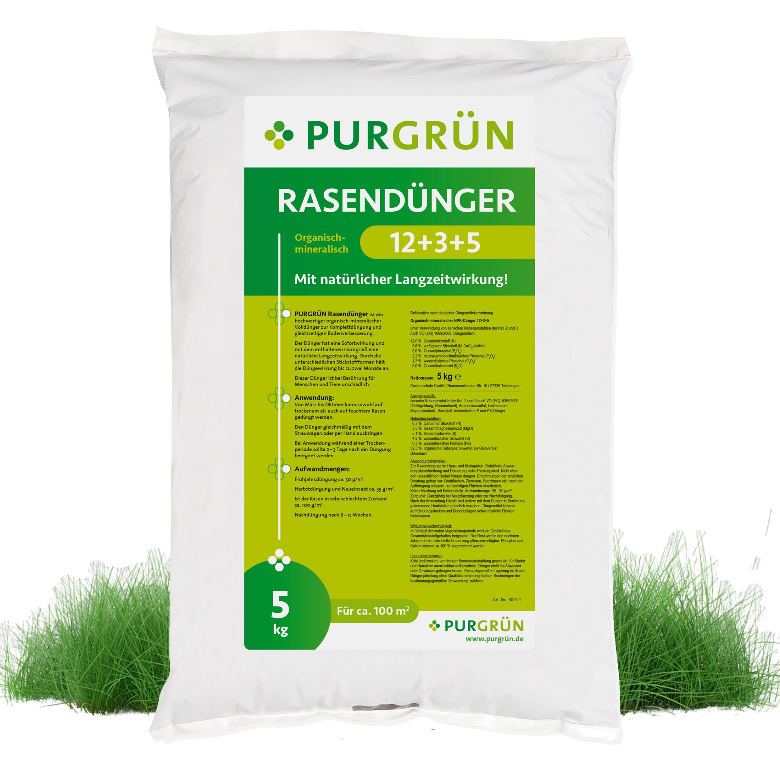 Rasendünger Purgrün Rasendünger, NPK 12+3+5, für kräftigen Rasen, 5 kg