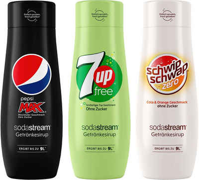 SodaStream Getränke-Sirup, 3 Stück, 1x Pepsi Max, 1x 7UP Free und 1x Schwip Schwap Zero Getränkesirup je 440ml für je 9L Fertiggetränk