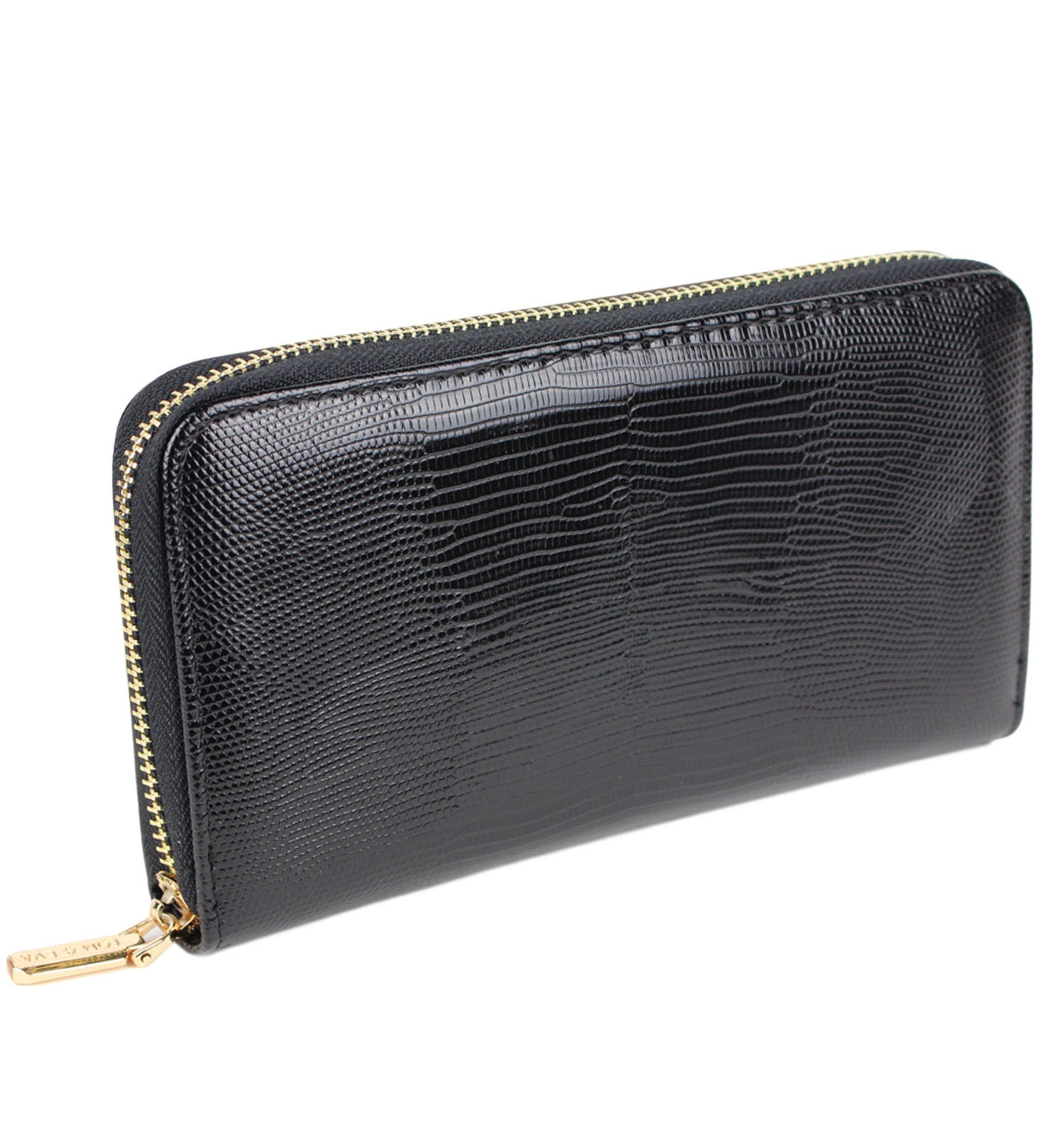 Tom & Eva Geldbörse XXL Damengeldbörse Vintage Kroko Muster - Marlene Portemonnaie Goldfarbene Metalldetails Brieftasche, Langbörse mit Handyfach und Logo, Groß Schwarz Gold