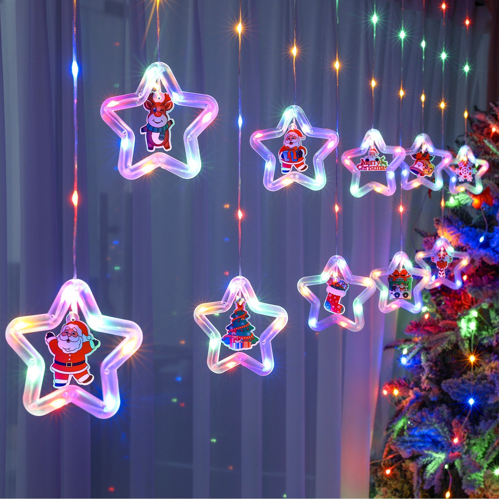 LED-Lichterketten Innen,Außen,Garten,Hinterhof,Party-Dekoration Modi RGB MUPOO 8 LED-Lichtervorhang USB/Batterie Weihnachts-Fensterbeleuchtung, Fernbedienung,für