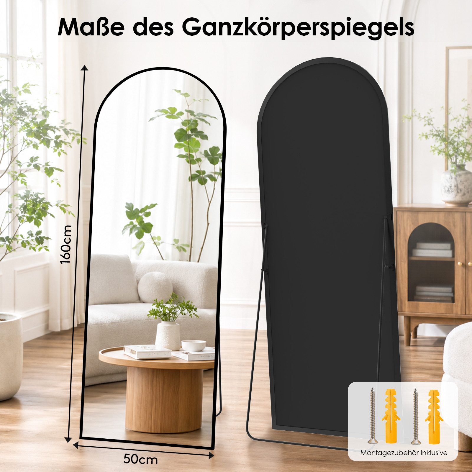 Vortisys Standspiegel Spiegel Ganzkörperspiegel, 3 Größen 160x50cm/171x76cm/180x75cm, Wandspiegel mit Sicherheitsglas, Rahmen aus Metall, Verstärktem Glas – Bild 2 von 5