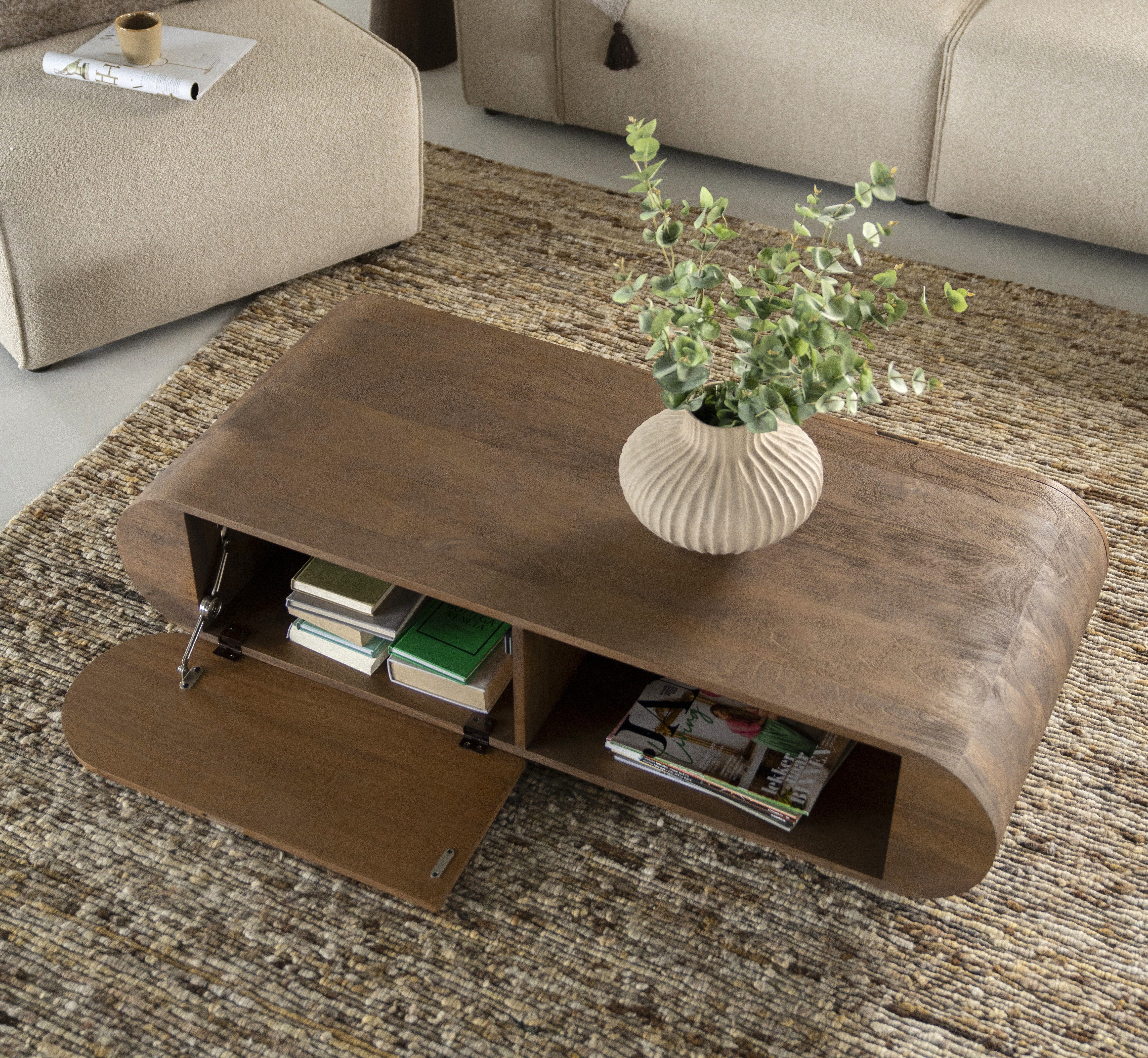 LEVEN Lifestyle Couchtisch LUISI aus Mango Holz braun 130 cm, mit Stauraum - 2 offene Fächer und 2 Fächer mit Klapptüren