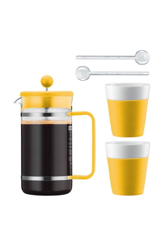 Bodum French Press Kanne Bistro, silberner Permanentfilter, Set, 2 Porzellantassen mit 0,3 Liter, 2 Kaffeelöffel aus Kunststoff