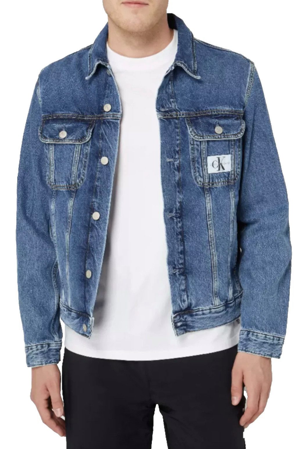 Klein Jeansjacke Calvin CK Jeans 90S Varsity College Jacke Blouson Gewebtes CK Jeans Logo-Patch vorn auf der Brust