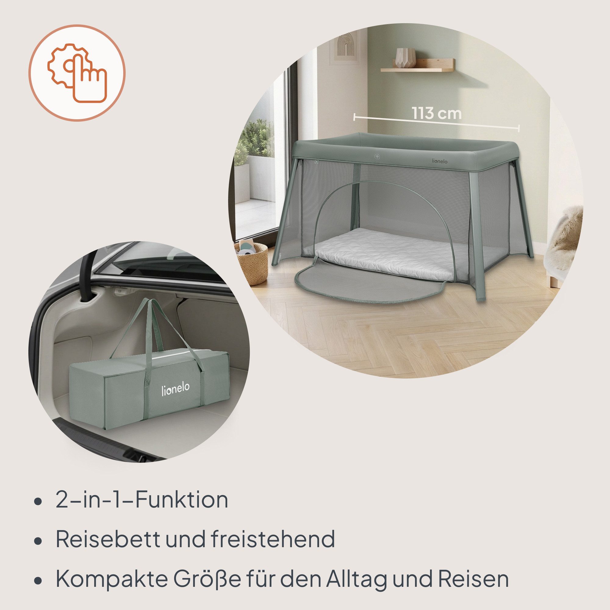 lionelo Baby-Reisebett MILA, 2in1/4-cm-Matratze/2 Höhen/360°-Netz/Tasche – Bild 4 von 5