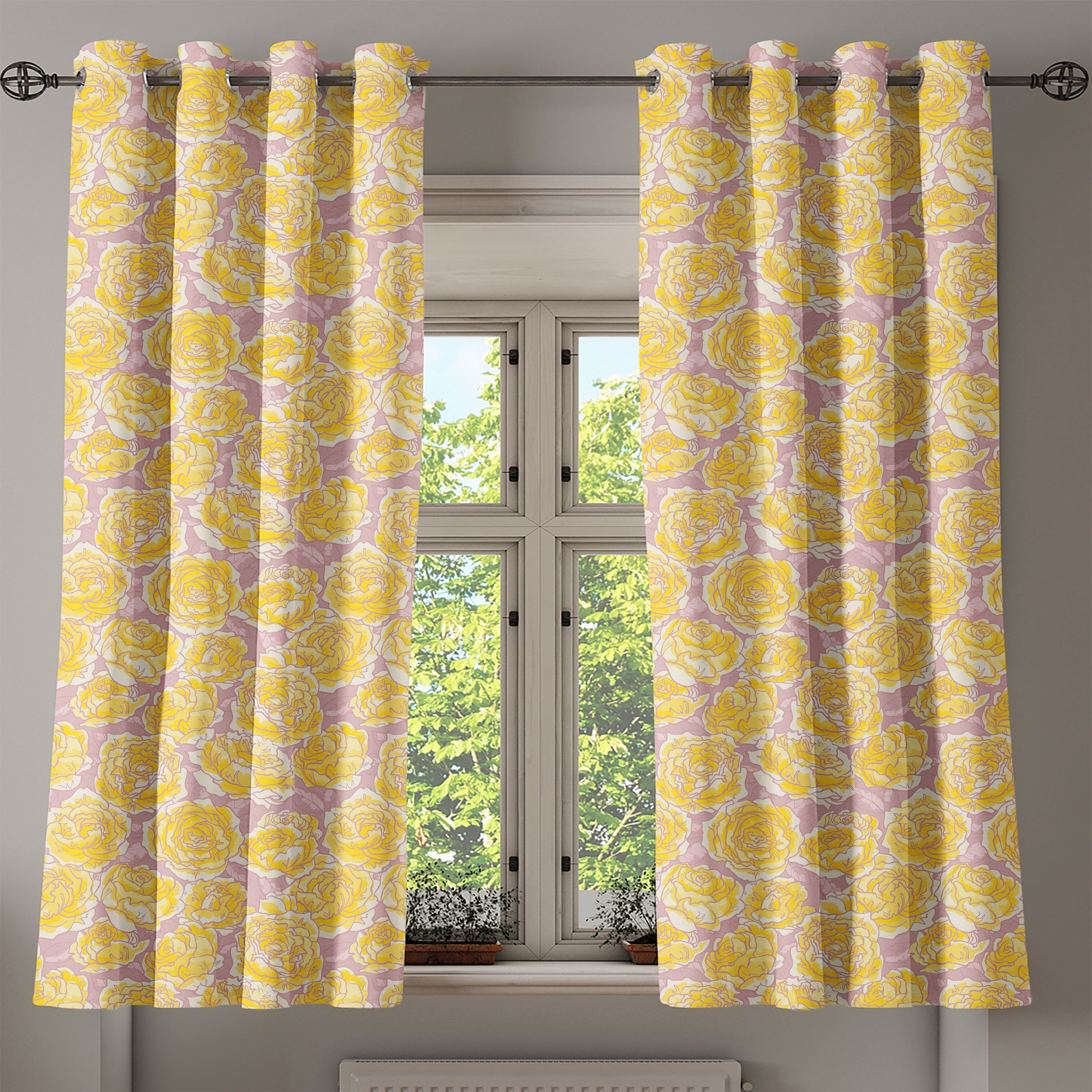 Rosen Abakuhaus, Dekorative 2-Panel-Fenstervorhänge Wohnzimmer, Schlafzimmer Blume Gardine Blooming Gelbe für