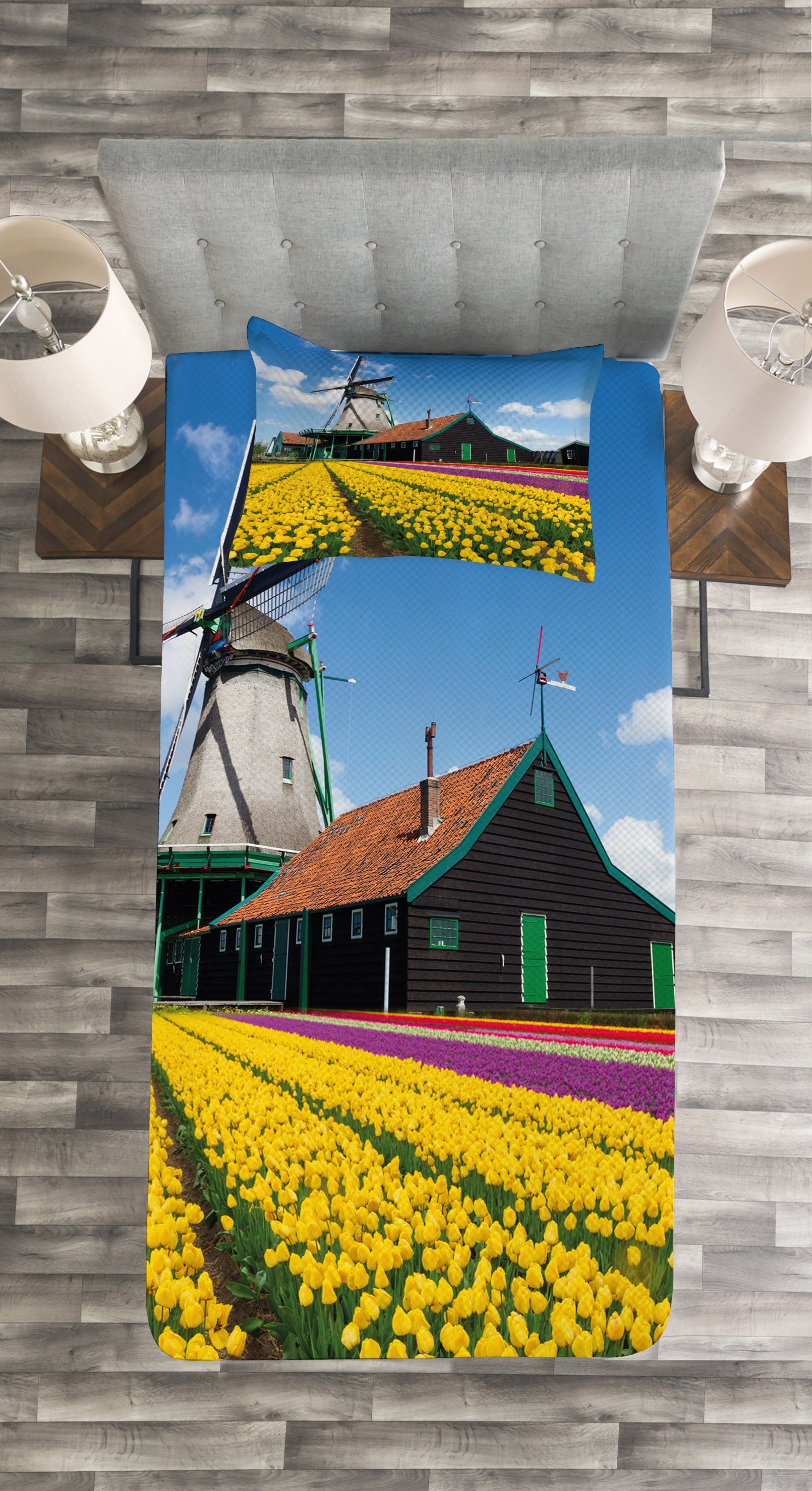 Tagesdecke Set mit Dutch Kissenbezügen Land Windmühle Tulpen Waschbar, Abakuhaus