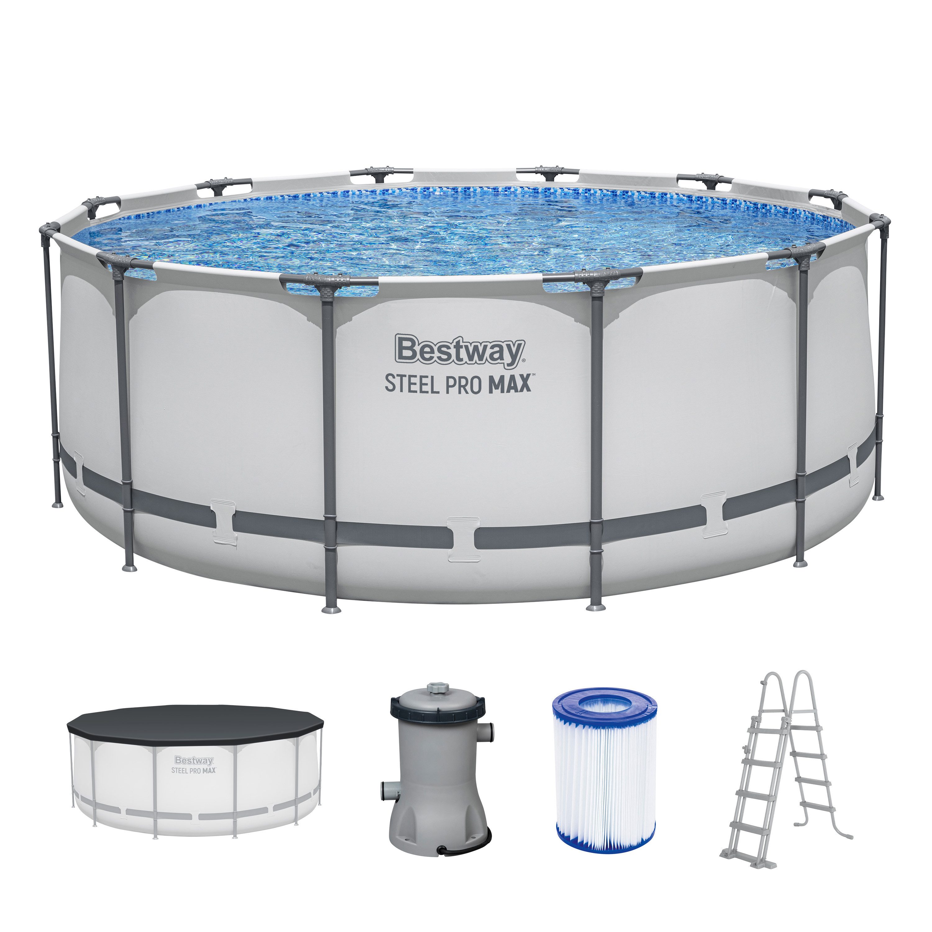 Bestway Framepool Steel Pro MAX (Set, mit Filterpumpe, Abdeckplane & Sicherheitsleiter), Ø 366 x 122 cm