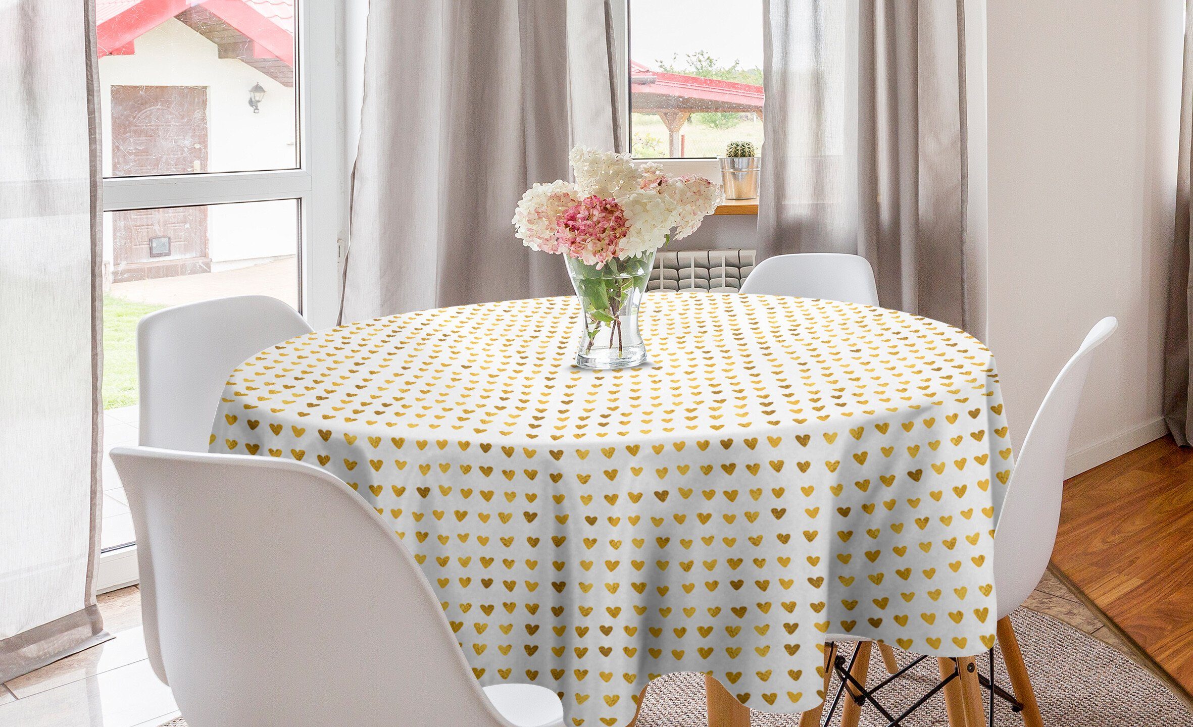 Abakuhaus Tischdecke Herzen für Golden Yellow Kreis Tone Dekoration, Abdeckung Küche Tischdecke Romantisch Esszimmer