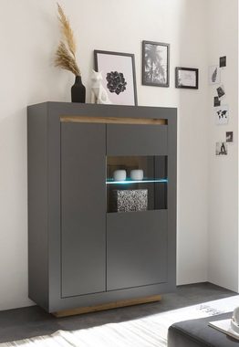 Furn.Design Highboard Rooky (Vitrine 2-türig Anthrazit, 96 x 136 cm), matt, mit Eiche Wotan