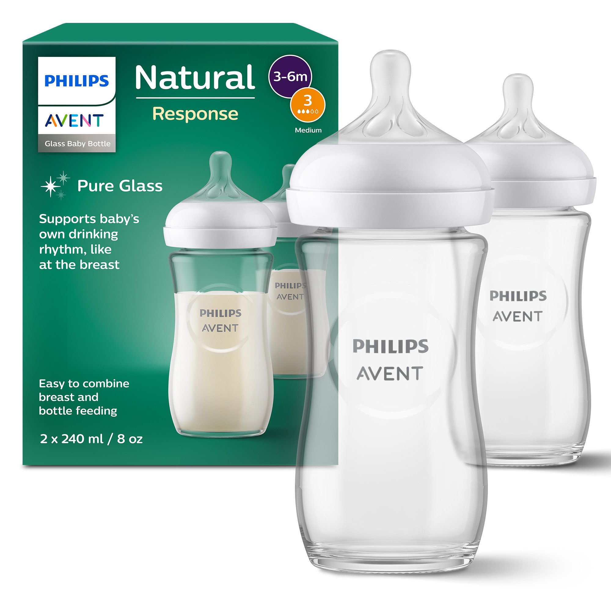 Philips AVENT Babyflasche Natural Response SCY933/02, 2 Stück, 240ml, Glas, ab dem 1. Monat