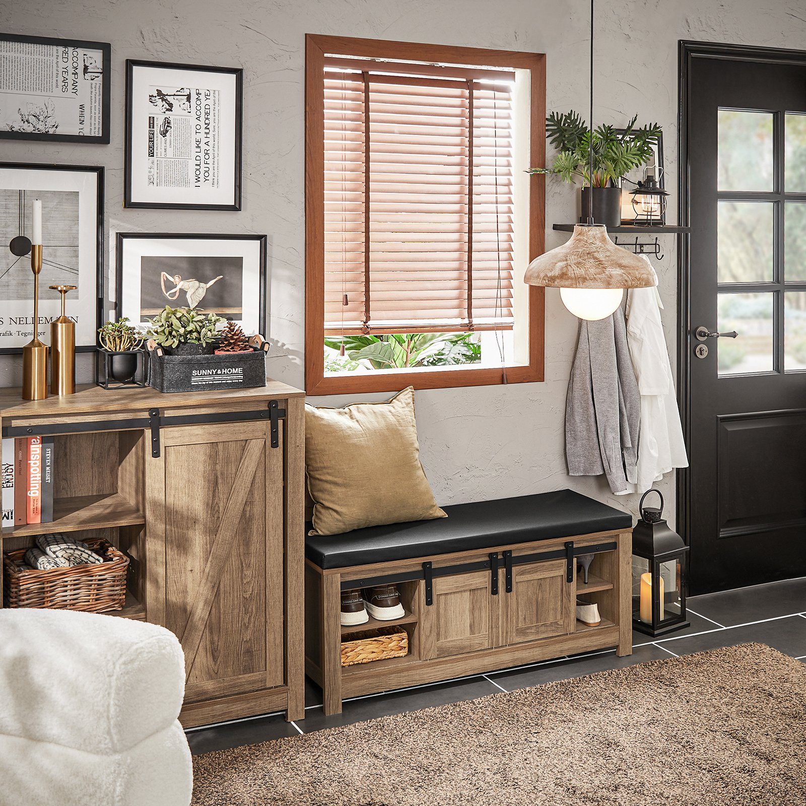 SoBuy Schuhbank FSR118, mit Schiebetüren Truhenbank mit Stauraum Schuhregal Garderobenbank
