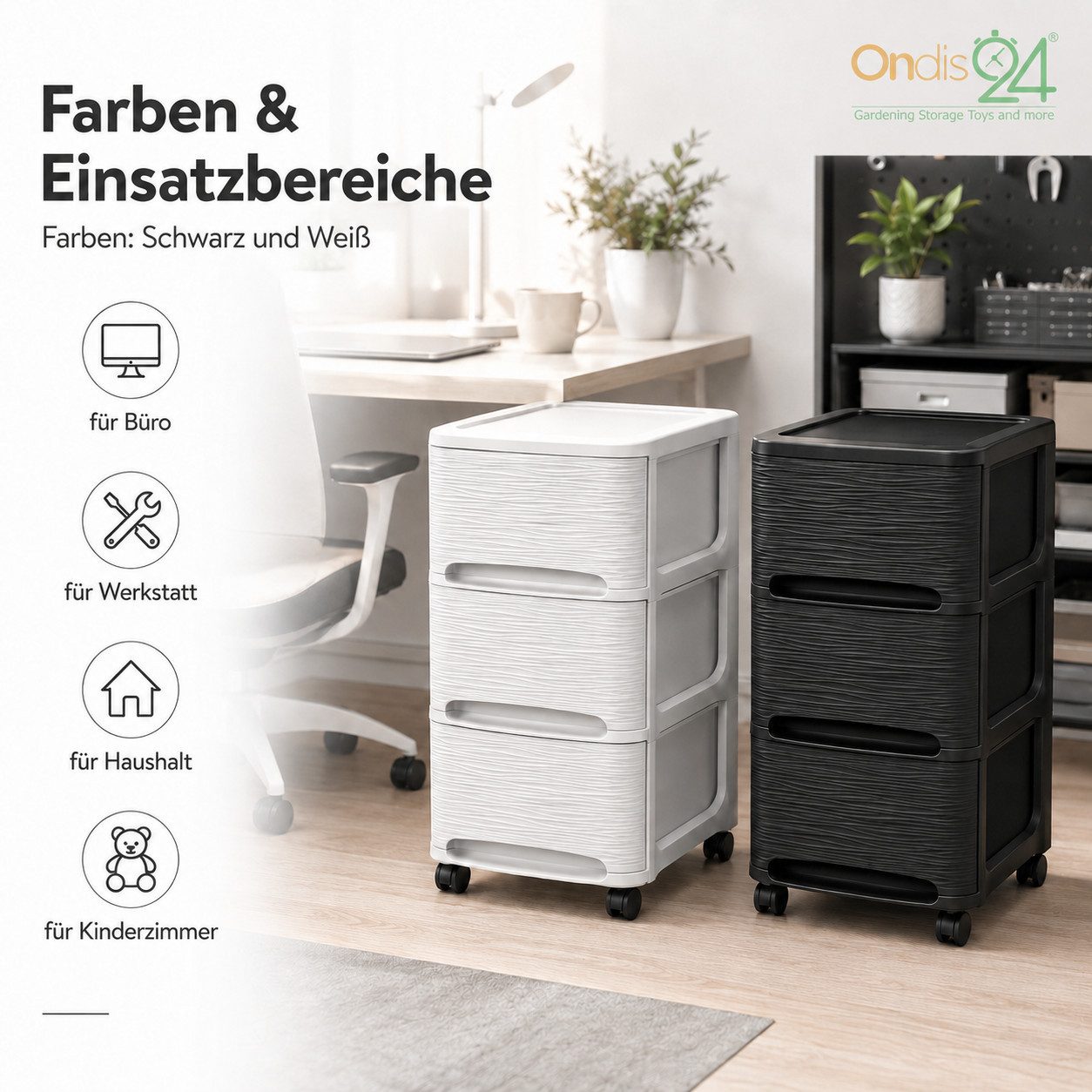 ONDIS24 Rollwagen Schubladenturm Tour Stone Schubladenschrank mit Rollen 3 Schubladen, in Steinoptik