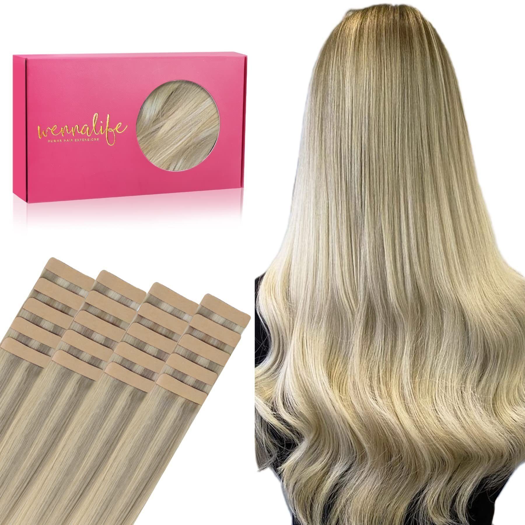 Wennalife platinblond Echthaar-Extensions, und Echthaar-Extension bis Klebeband,aschblond goldblond