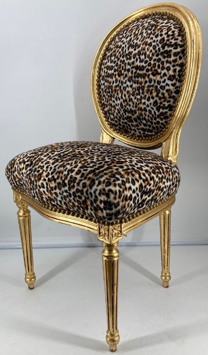 Barock / Esszimmerstuhl Stuhl Barock Möbel mit Muster - - Medaillon Massivholz Stil Stuhl Casa Padrino Küchen Antik Esszimmer Leopard Gold Handgefertigter Esszimmer