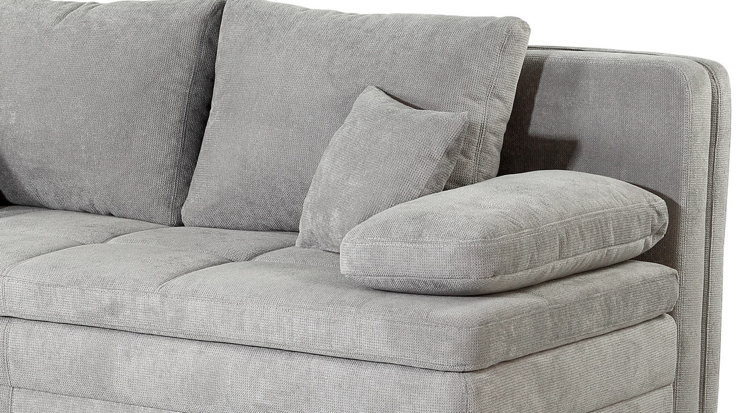 Die Möbelfundgrube® Schlafsofa LINDAU hellgrau 203 cm DAUERSCHLÄFER mit Bettfunktion / Bettkasten, Kaltschaumtopper / 2 Armlehnkissen / 2 Zierkissen / 2 Rückenkissen