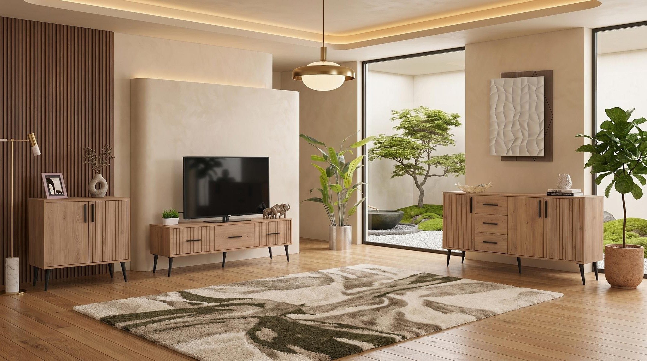 Xlmoebel Wohnzimmer-Set Braune Wohnzimmergarnitur Fernsehschrank Konsole Schrank TV-Möbel, (3-St., 3-tlg)