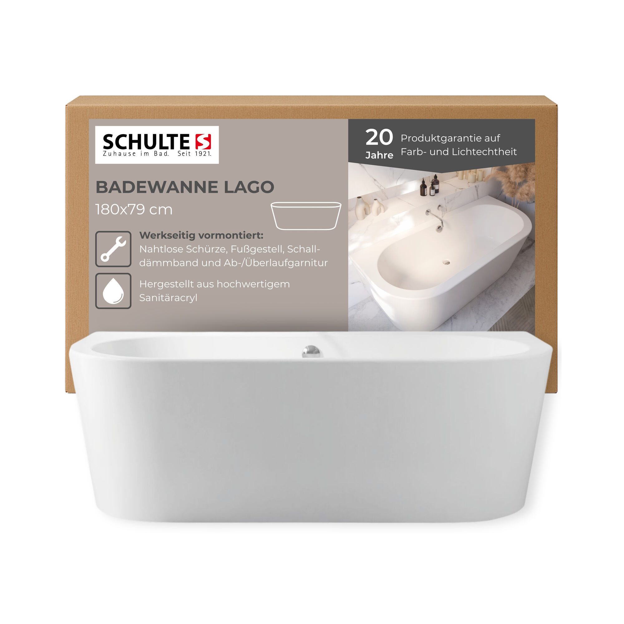 Schulte Badewanne Lago, Sanitäracryl, Weiß, (Komplett-Set, inkl. Fußgestell, Ablauf und Wannenrandanker), 180x79 cm