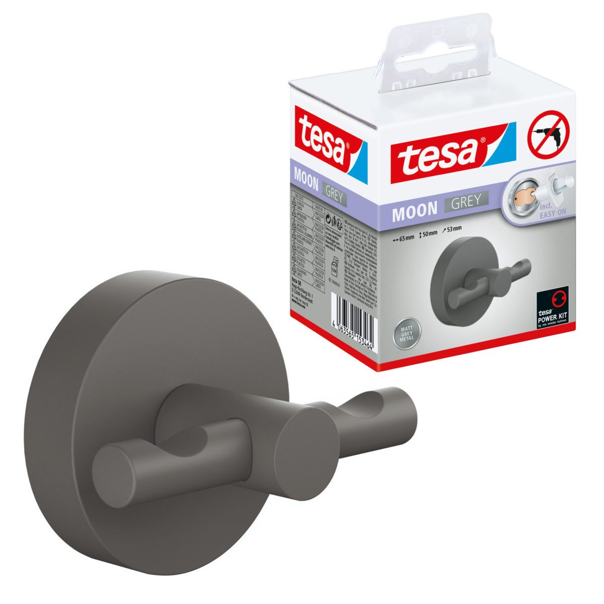 tesa Klebehaken MOON Bademantelhaken ohne Bohren - 7,2 x 6,5 x 5,3 cm, Badezimmer, (Packung, MOON Grey), selbstklebende Handtuchhalterung - grau