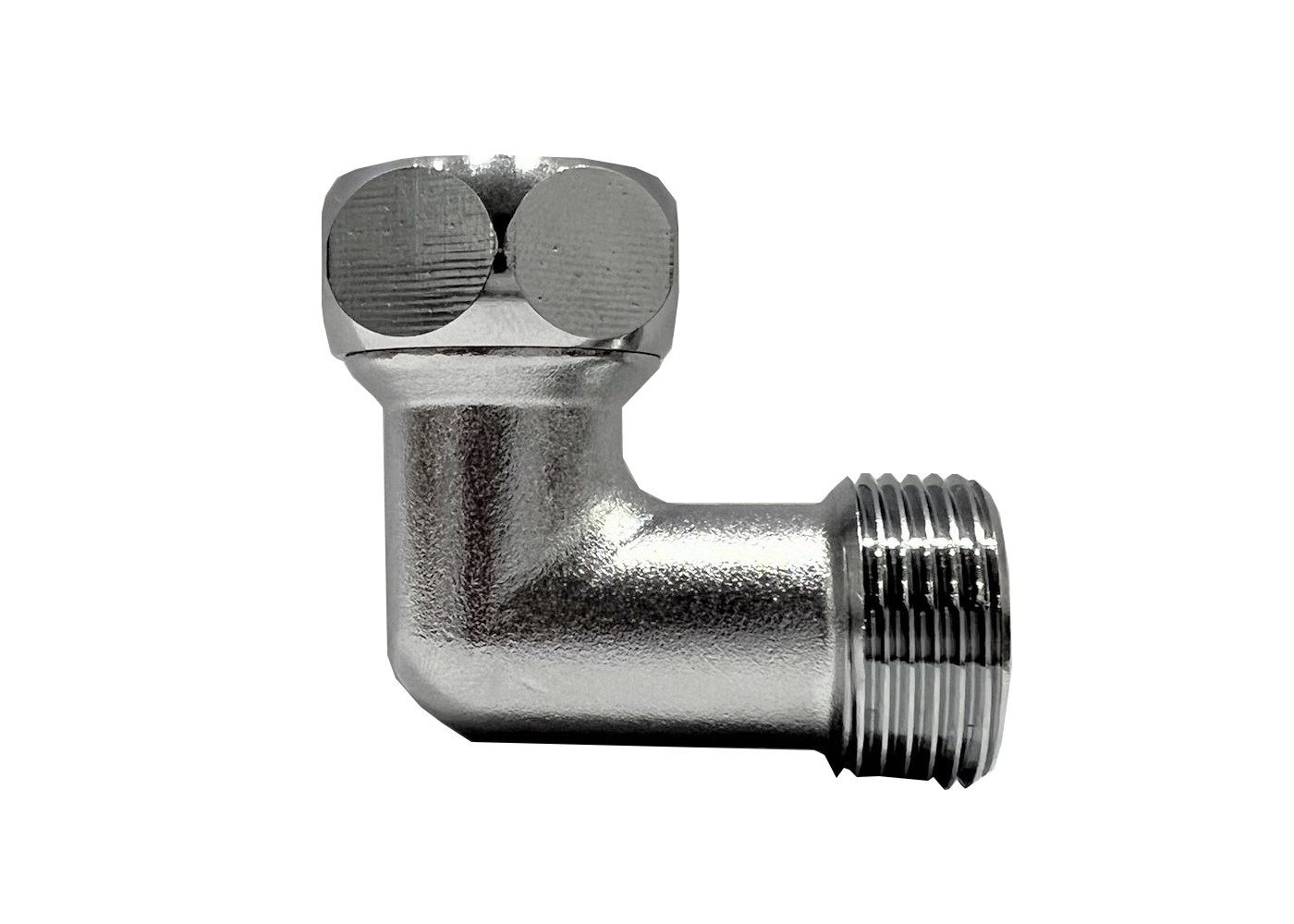 SpiceFlow Anschlussstück SpiceFlow 90° Winkeladapter mit Überwurfmutter, 3/4" IG + AG, Chrom, 90° Winkeladapter, ¾“ Innengewinde, ¾“Außengewinde, Chrom