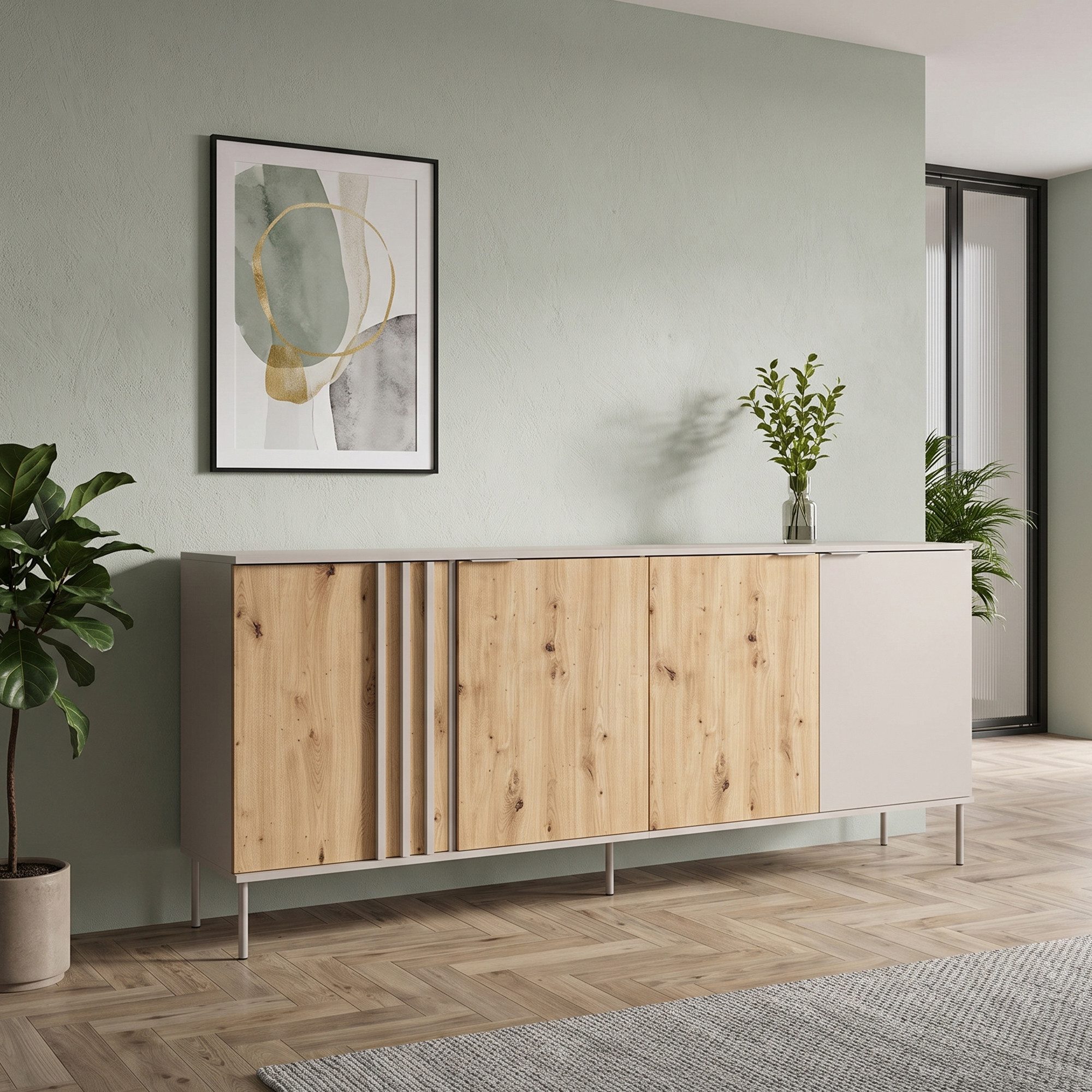 Lomadox Sideboard RENNES-166, Eiche mit Kaschmir, 4 Türen, viel Stauraum, fühlbare Lamellen