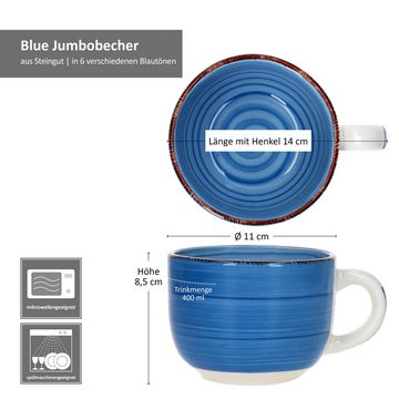 MamboCat Becher 6er Set Blue Jumbotasse 400ml 6 Personen blaue XL-Becher, Steingut