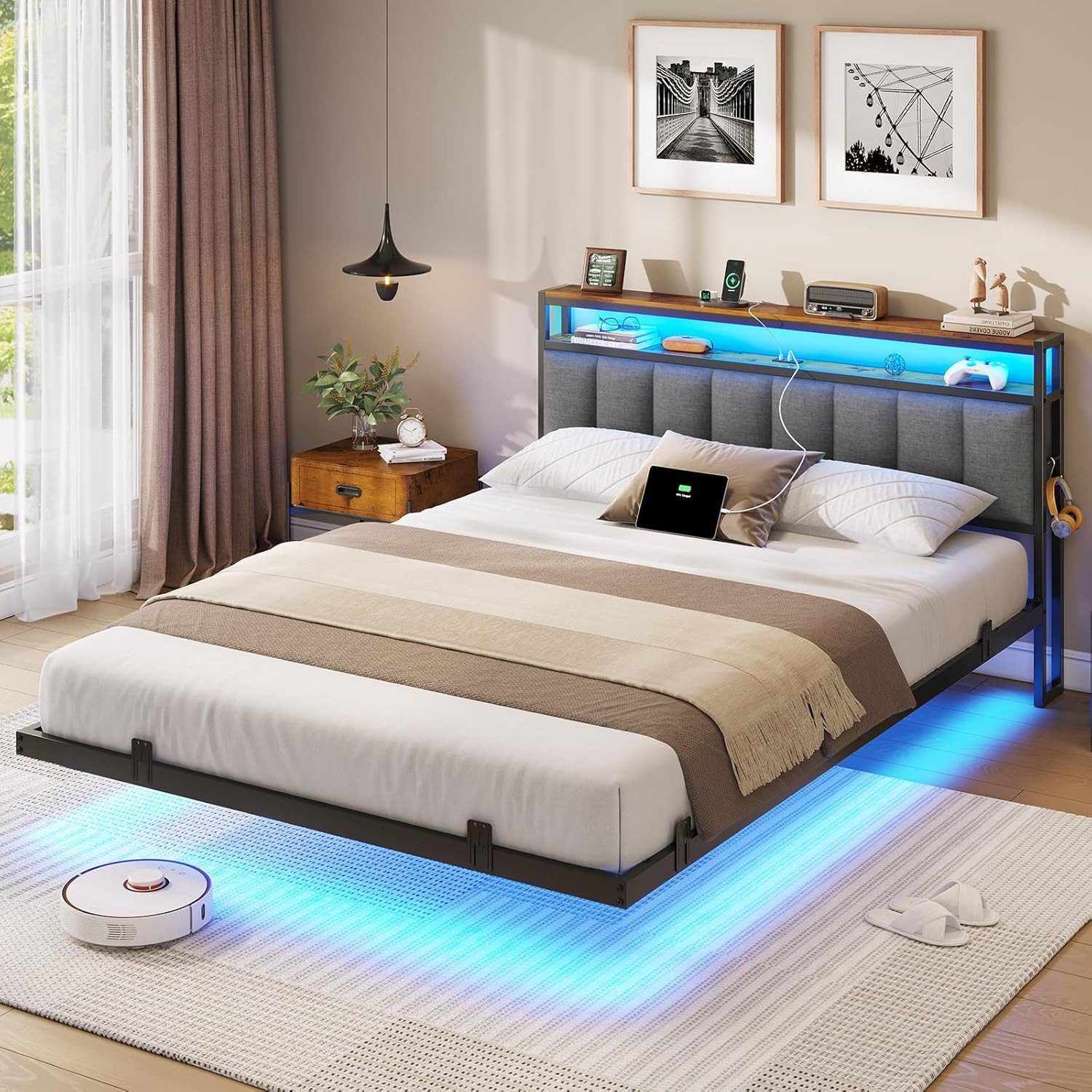 MSMASK Polsterbett mit Ladestation und LED-Beleuchtung, Dunkelgrau, 160x210 günstig online kaufen