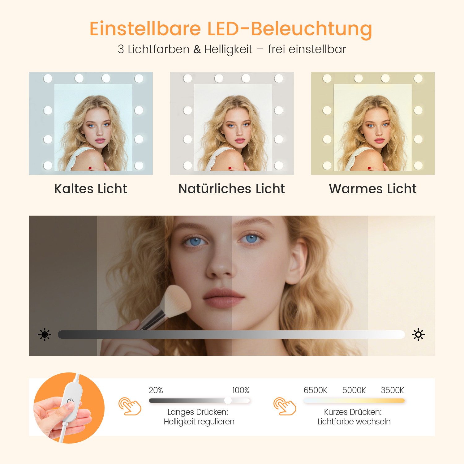 Lexzurn Schminktisch Schminktisch mit LED-Beleuchtung, großem hochauflösendem Spiegel (mit Steckdose und USB-Ports,10 offene Fächer,3 Schubladen, 2 Schränke,5 Schmuckhaken,10 LED-Leuchten, 3 Lichtfarben), Maße: 107 × 40 × 140 cm. Leise laufende Schienen, Kippschutz.