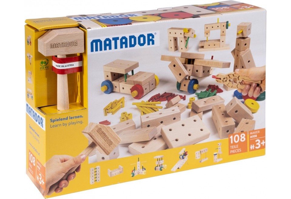 Matador Konstruktions-Spielset MATADOR 21108 - Maker M108, Baukasten, Holz, 108 Teile, Konstruktio...