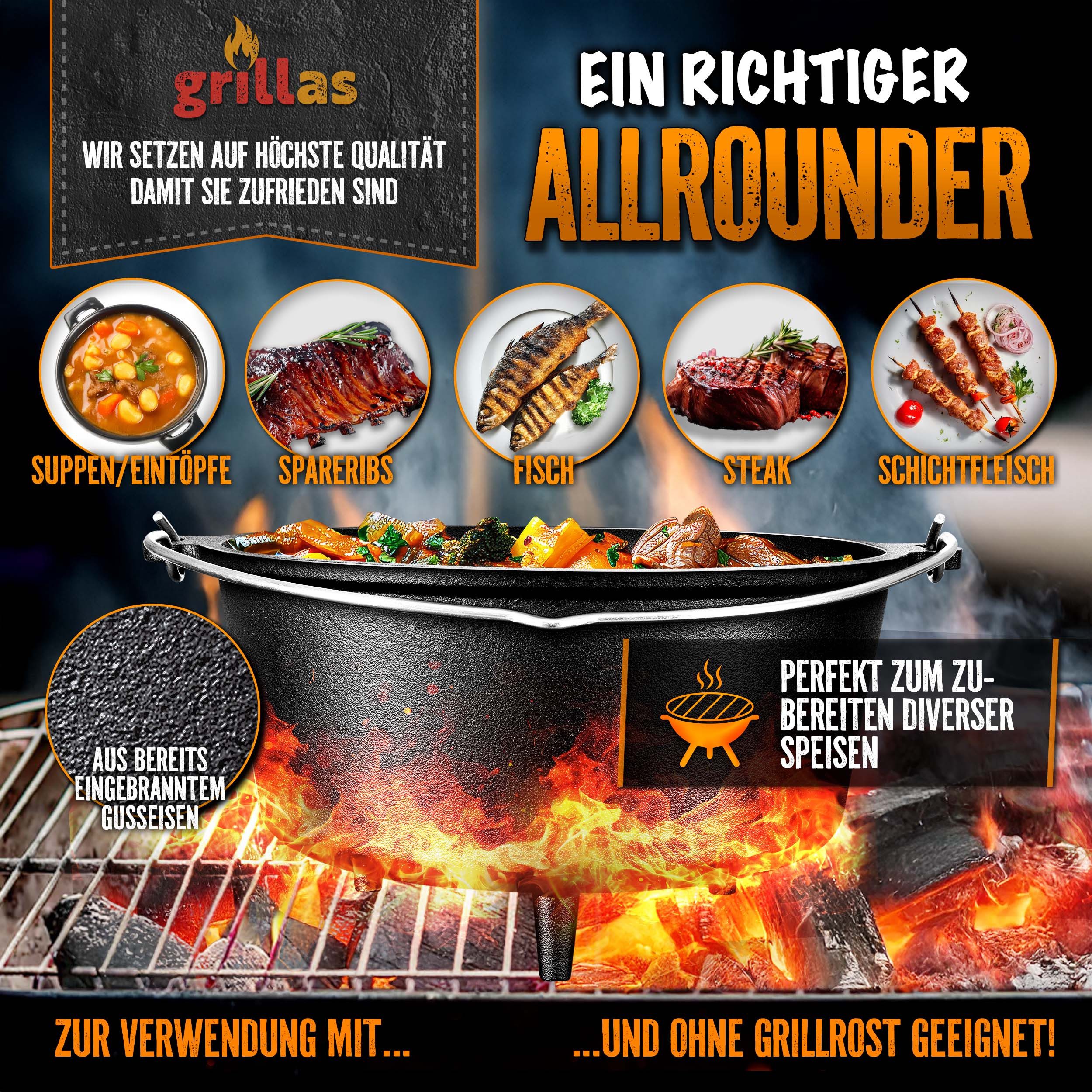 grillas Grilltopf grillas Dutch Oven Set mit Deckelheeber BBQ Gusseisen Feuertopf Gussto, Gusseisen (Dutch Oven Set, Feuerstelle), Henkel