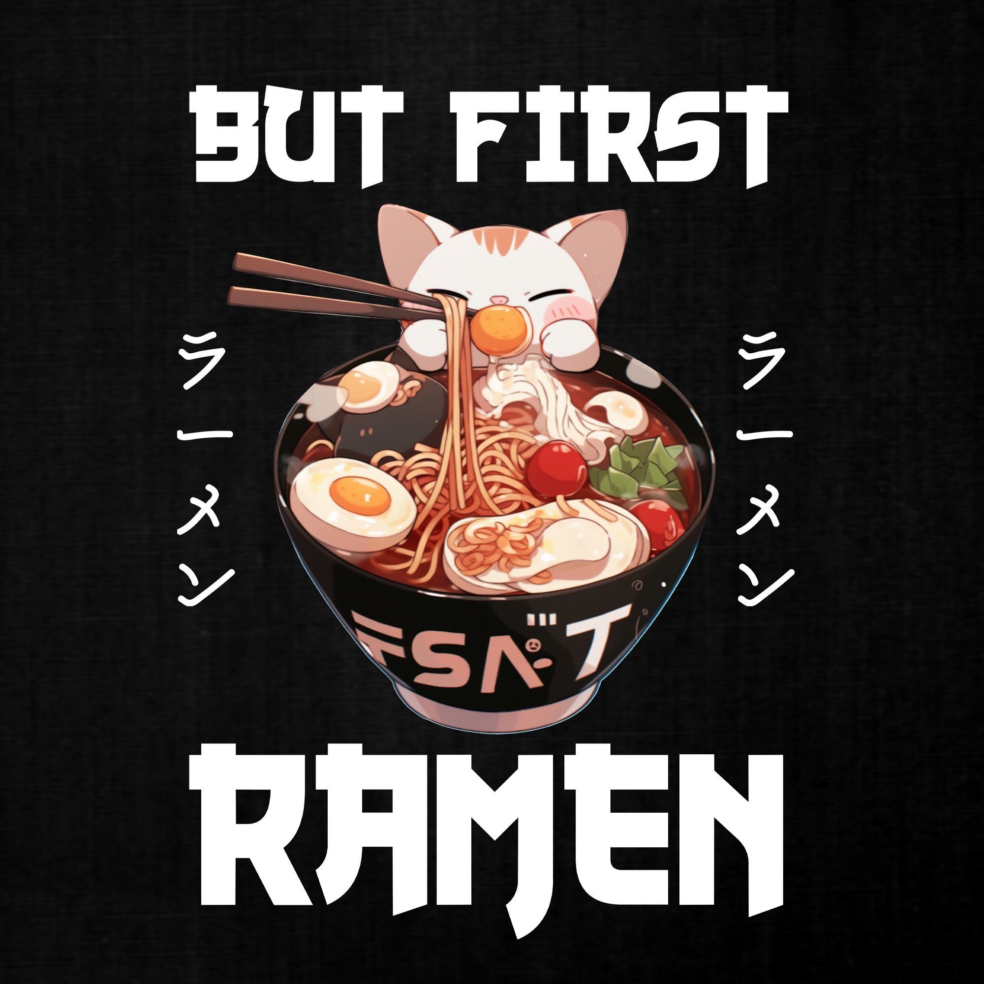 Herren Nudeln (1-tlg) First Kurzarmshirt Japanische Anime Japan Ramen Quattro Katze Schwarz Formatee T-Shirt