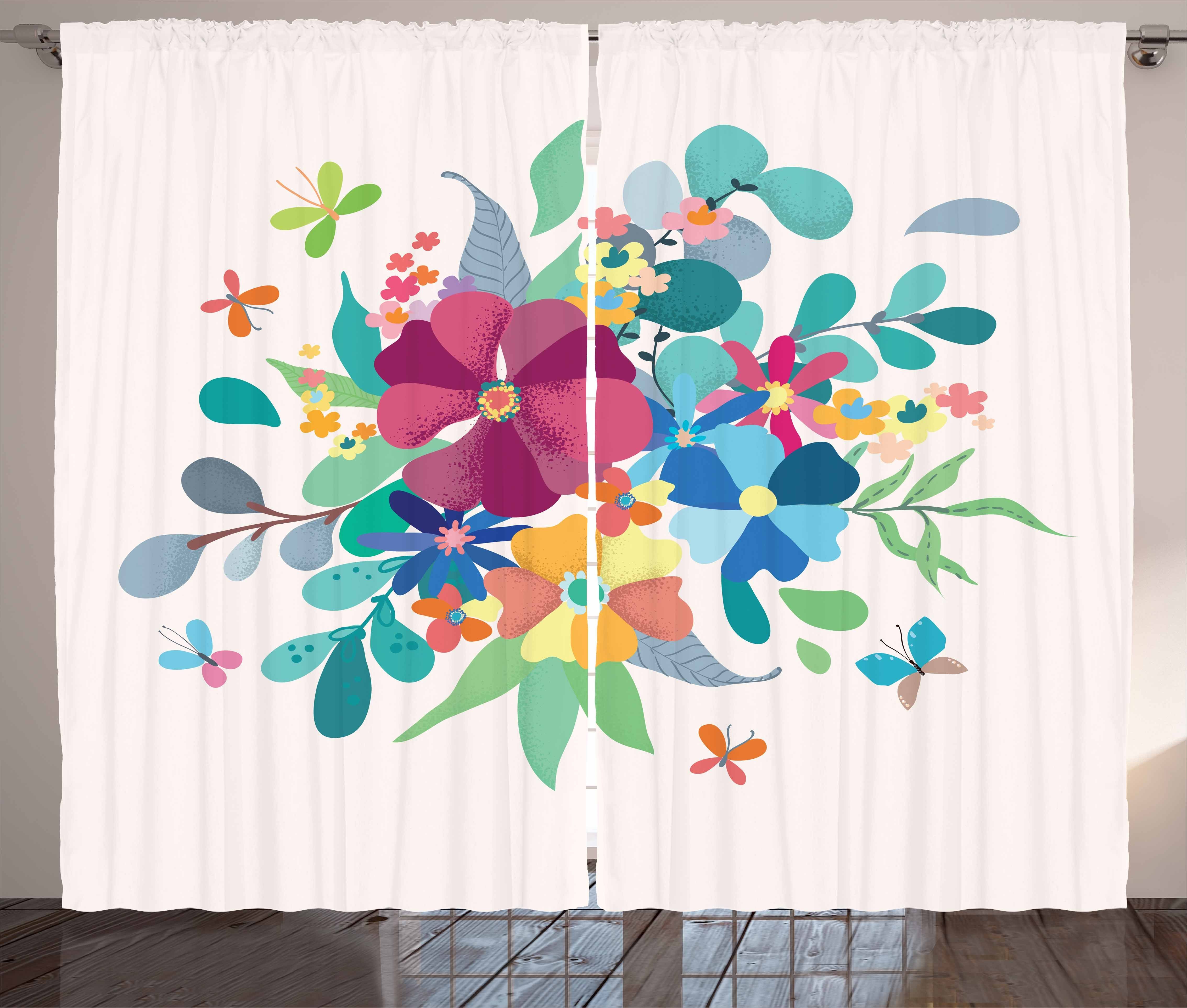 Gardine Schlafzimmer Kräuselband Vorhang mit Schlaufen und Haken, Abakuhaus, Blumen Bouquetnd Schmetterlinge