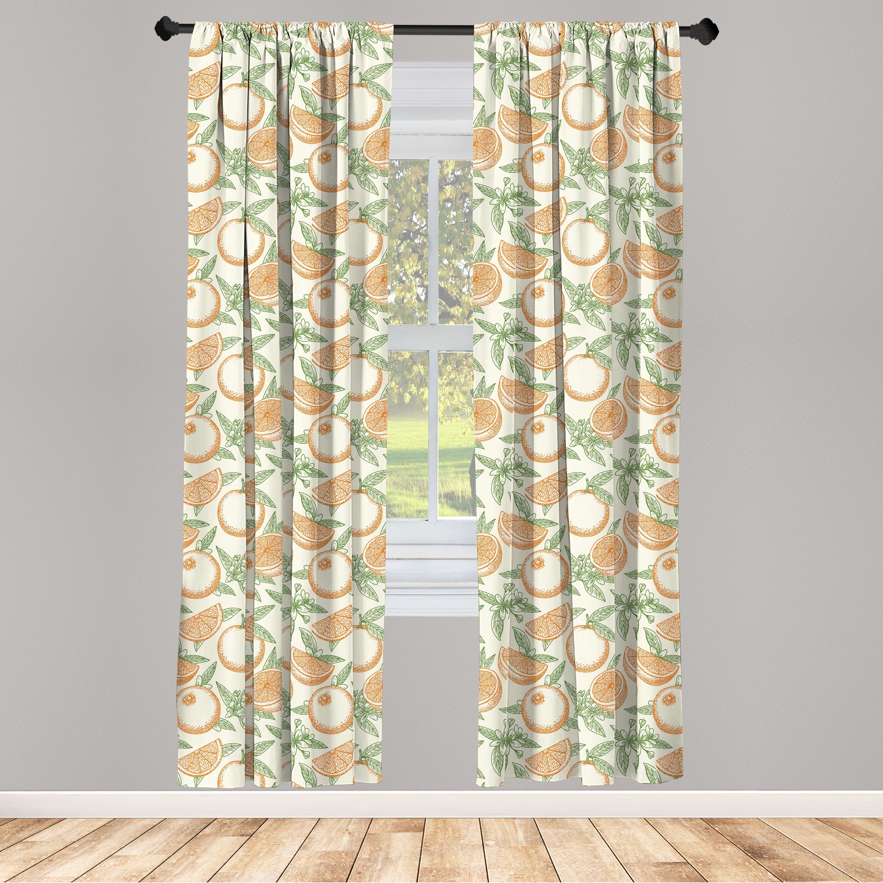 Gardine Vorhang für Wohnzimmer Schlafzimmer Dekor, Abakuhaus, Microfaser, Orange Hand gezeichnete Blätter und Früchte