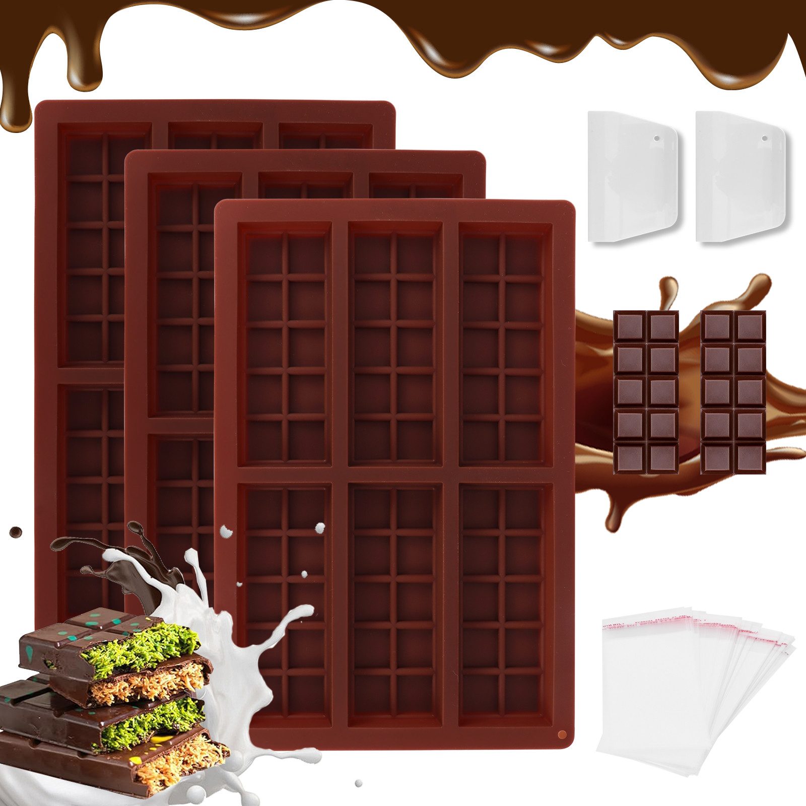 BlingBin Schokoladenform Silikonform für 6 Mulden Schokolade, Chocolate Mold Schokoladentafel, (3 Stück 3-tlg), 3pcs Schokolade Form für Schokolade Praline Süßigkeiten