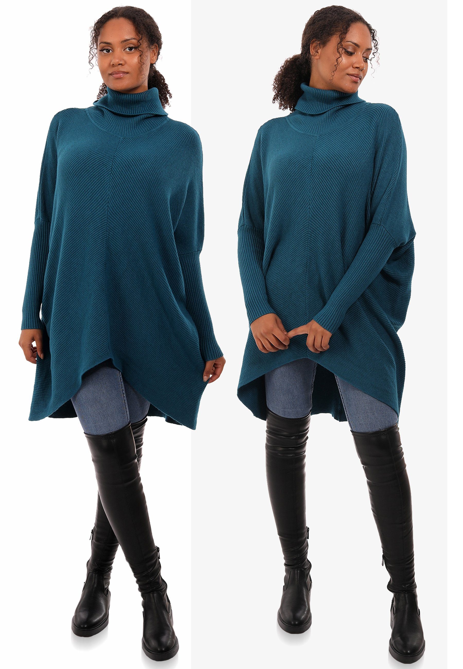 Fashion mit Schultern YC Plus mit Rollkragen Style (1-tlg) in Unifarbe, & Size asymmetrisch überschnittenen Strickpullover Longpullover petrol