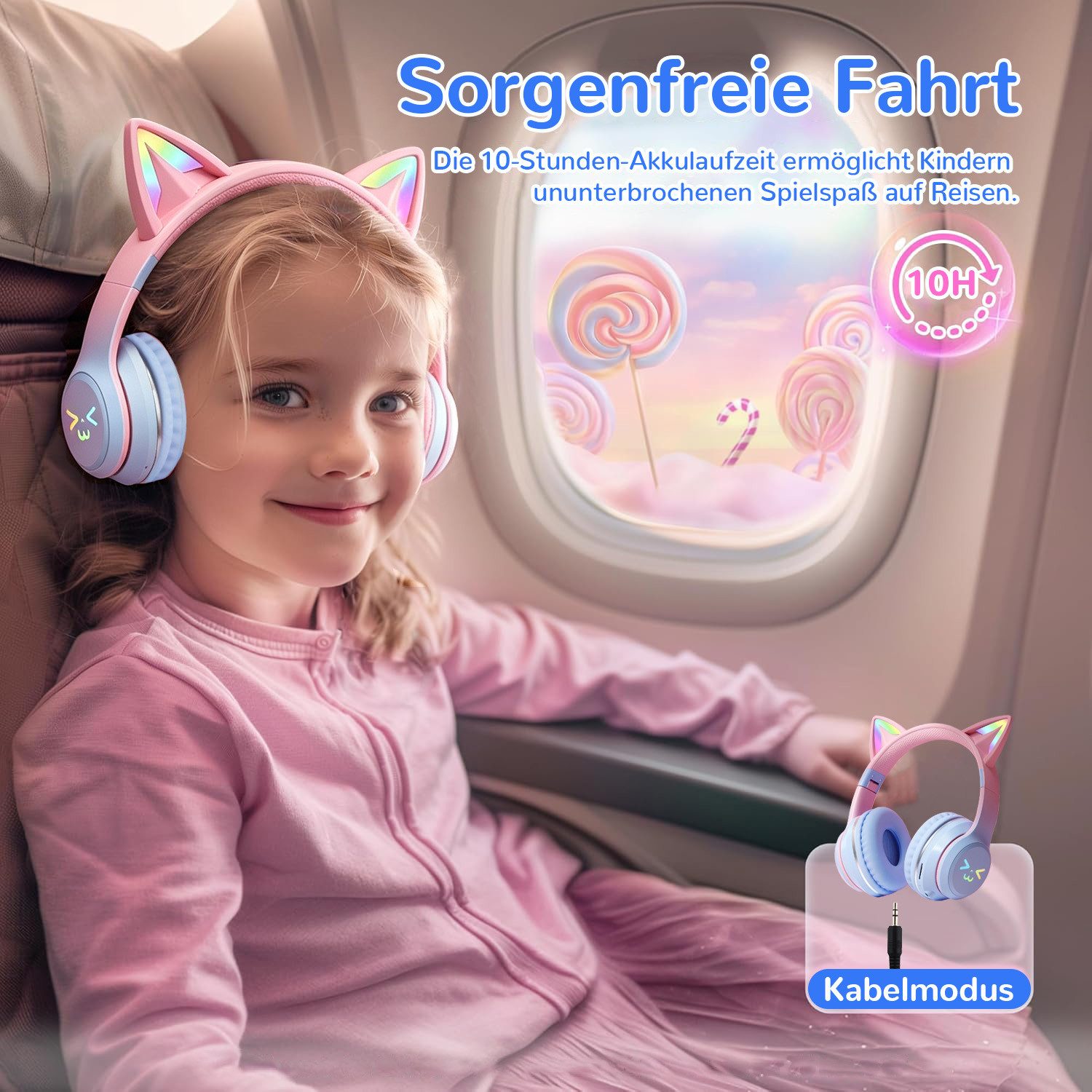 FOSMET Bluetooth Kopfhörer Kinder mit LED-Leuchten 60dBA Lautstärkebegrenzung Over-Ear-Kopfhörer (10 Stunden Spielzeit, Stereo-Sound, Kinderkopfhörer für Tablet/Reisen)