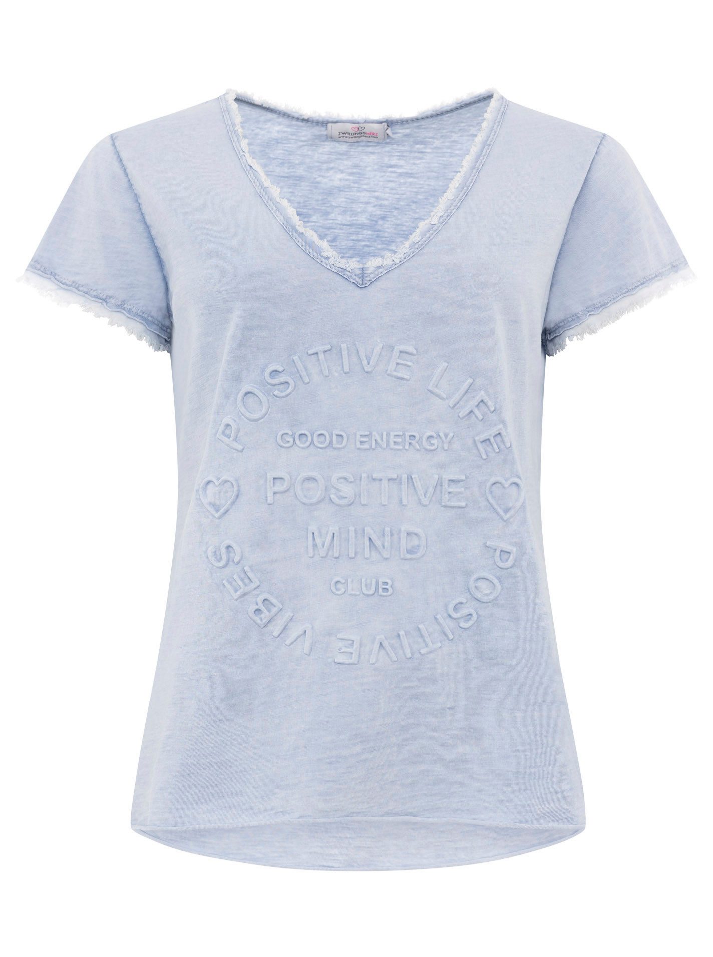 Zwillingsherz T-Shirt "Positive Mind" V-Ausschnitt, Kurzarm, Used-Look, Baumwolle, ausgefranste Kanten – Bild 2 von 3