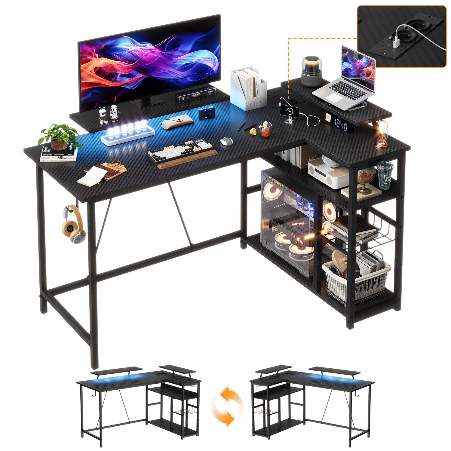Furnicopia Eckschreibtisch L-förmiger Gaming-Schreibtisch mit Stauraum, Steckdosen und LED (120/140 cm großer Schreibtisch mit zwei Monitorhalterungen, zwei Ablagen, einer verstellbaren Ablage, einem Becherhalter und einem Kopfhörerhalter)