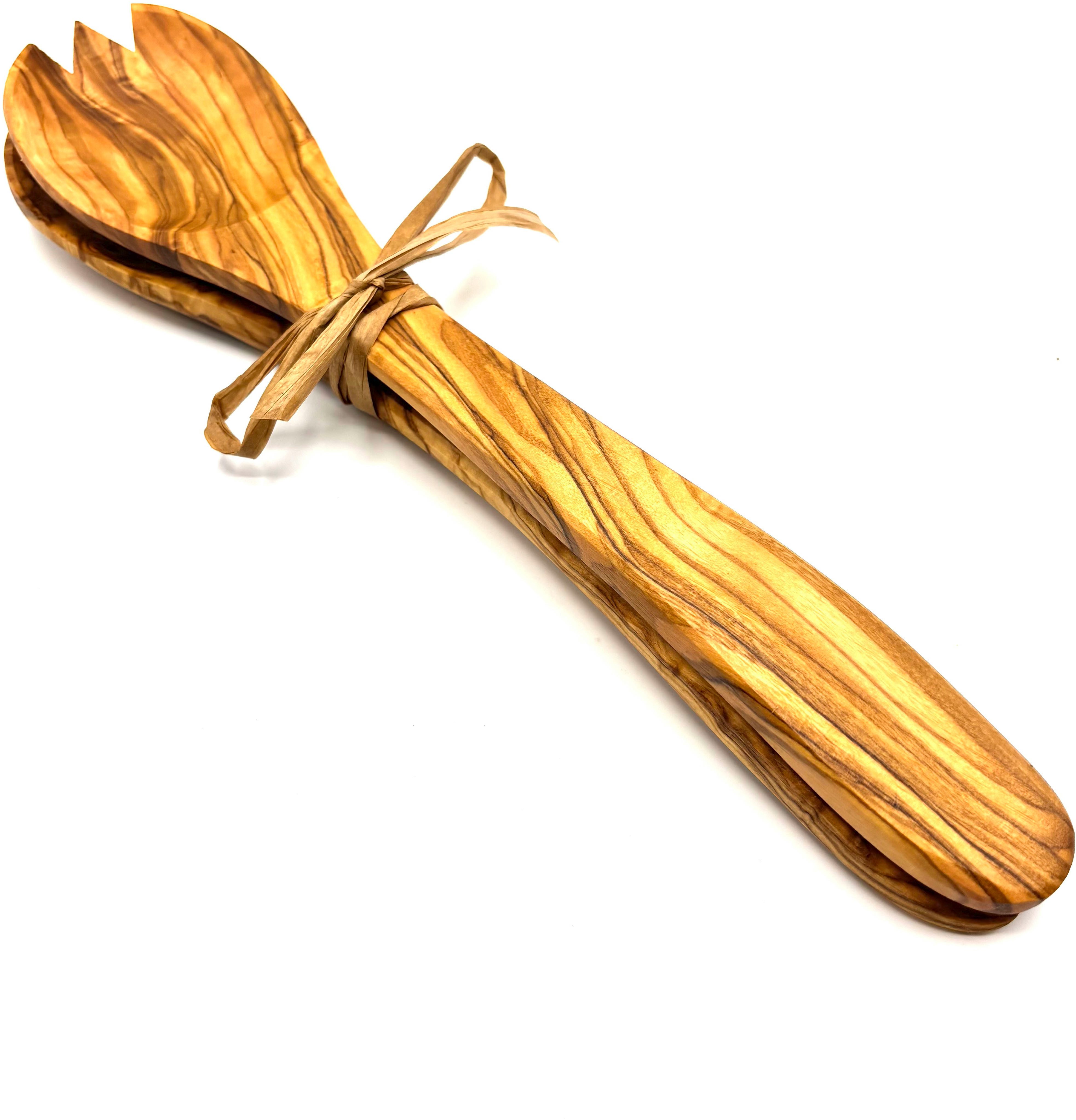 Olivenholz-erleben Salatbesteck Salatbesteck mittel mit Bastband (Set, 2-tlg., 1x Salatlöffel, 1x Salatgabel), Stilvoll Salate servieren – ein echter Blickfang auf dem Tisch.