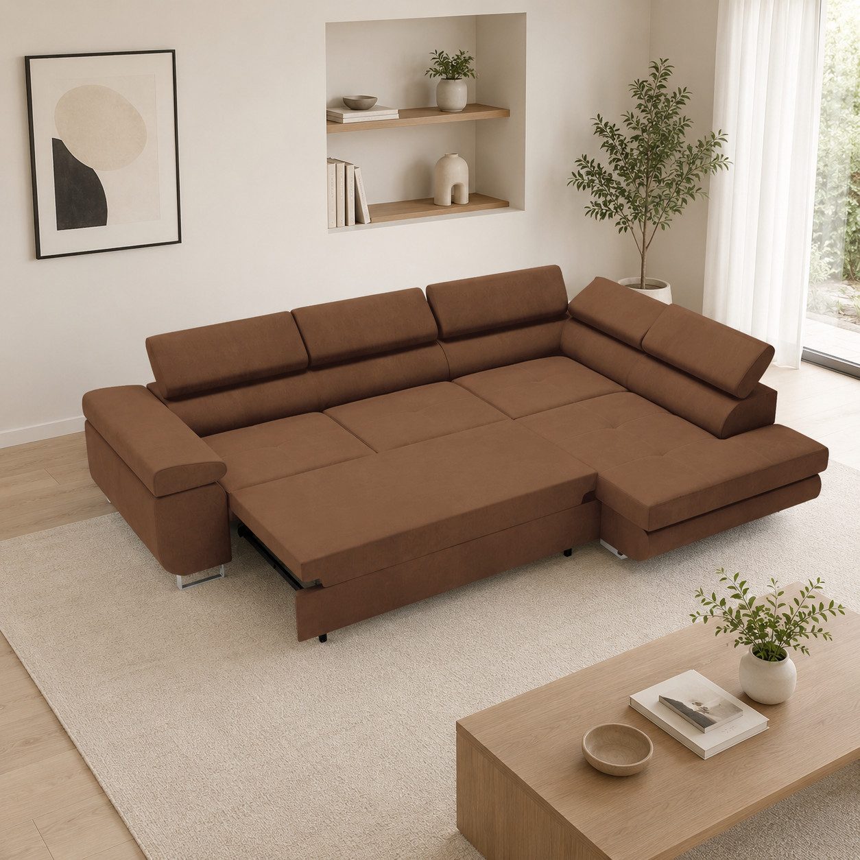 Goldstoff Ecksofa mit Schlaffunktion - Designersofa, Sofa mit Bettfunktion & Bettkasten, Schlafsofa RIVIA, multifunktionale Couch mit verstellbaren Kopfstützen in braun