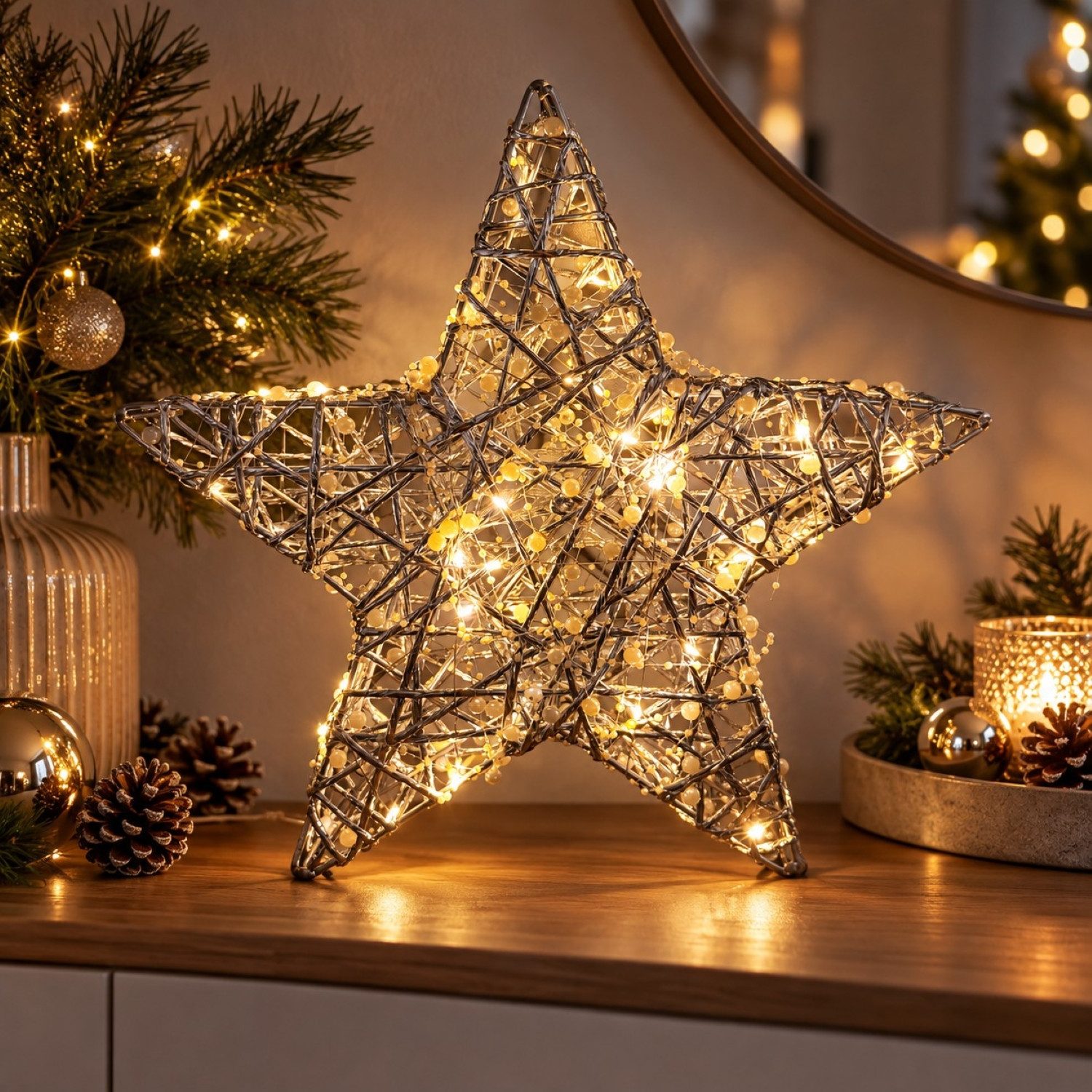 Online-Fuchs Dekokranz Weihnachtskranz mit Perlen, LED-Lichterkette & Timer in Silber, Outdoor geeignet - moderne Weihnachtsdekoration