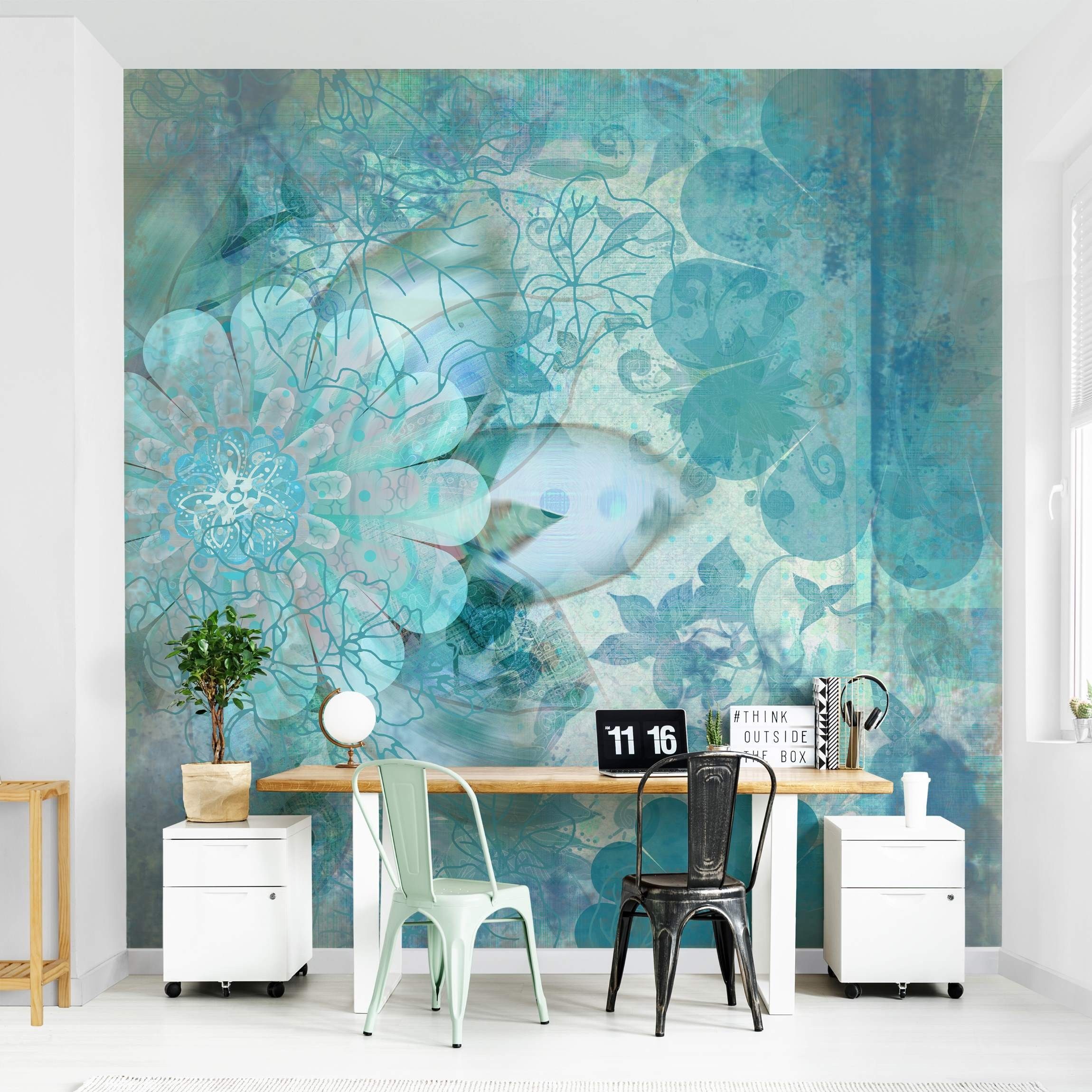 Bilderdepot24 Fototapete Blumen Winterblumen Blumentapete Floral Natur Kunst Vintage Blau, Glatt, Matt, (Vliestapete inkl. Kleister oder selbstklebend), Wohnzimmer Schlafzimmer Küche Flur Motivtapete Vliestapete Wandtapete