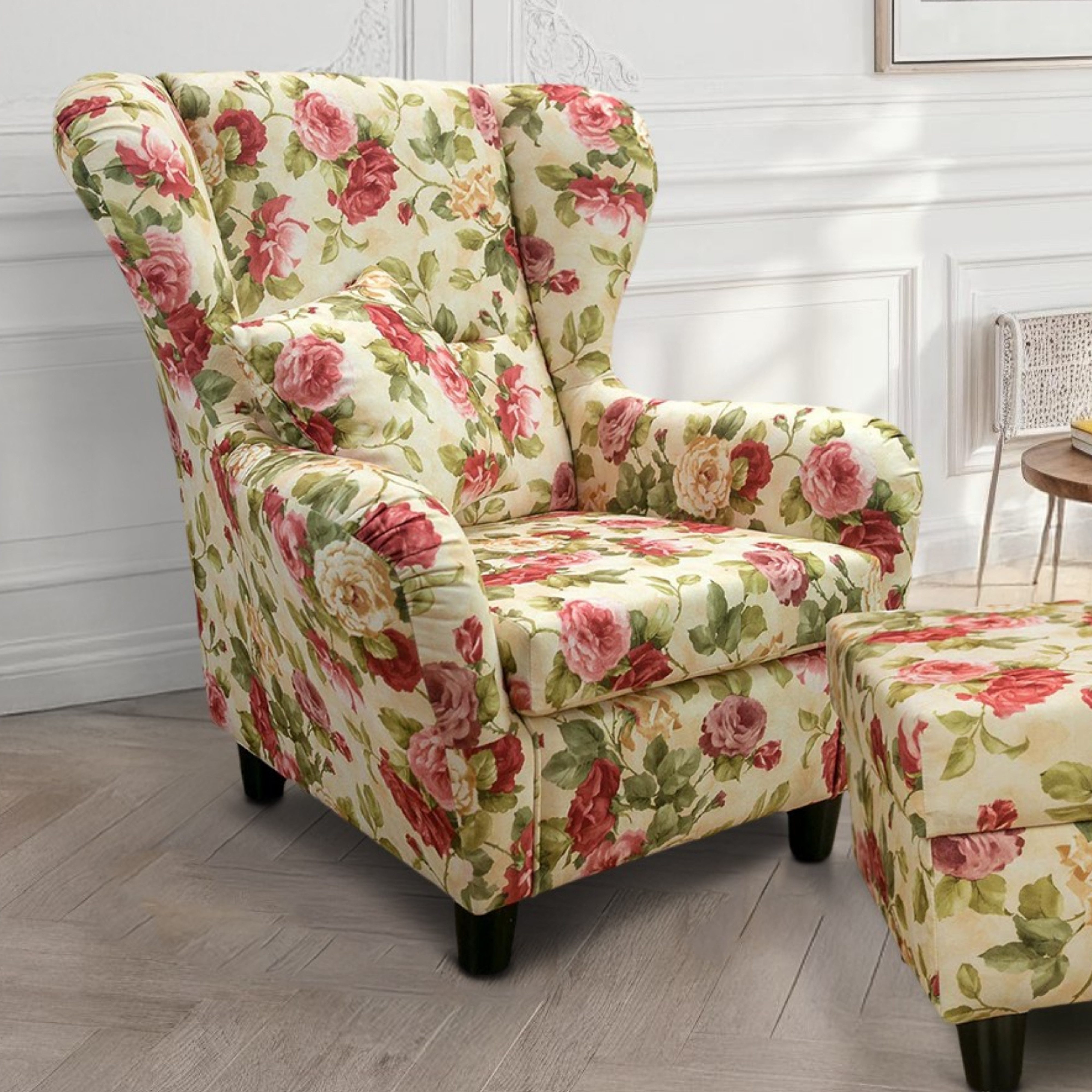 luma-home Ohrensessel 18004-OTTO (mit Hocker und Zierkissen, Wellenunterfederung, B90/H98/T76 cm), Lesesessel mit Echtholzfüßen, Bezug Webstoff im Blumenmuster